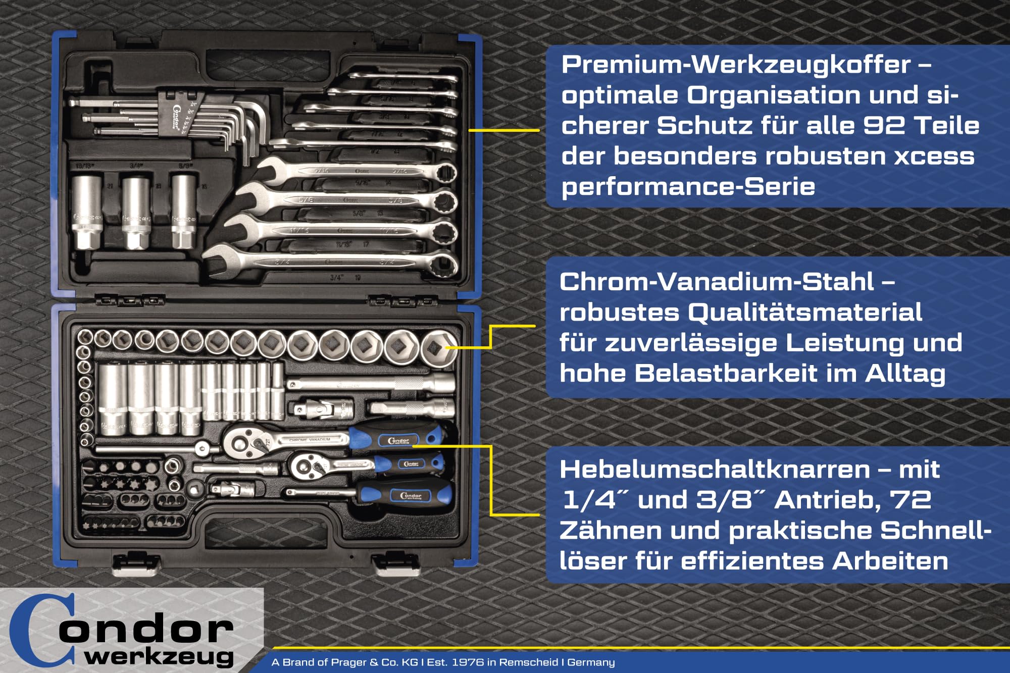 Condor Werkzeug 2172 | Zoll Steckschlüssel-Satz Ratschenkasten Knarrenkasten I 92-tlg.| 1/4+3/8" | 6-kant zöllig | Ringschlüssel und Maulschlüssel | Nüsse | Knarren | Werkzeugkoffer zöllig