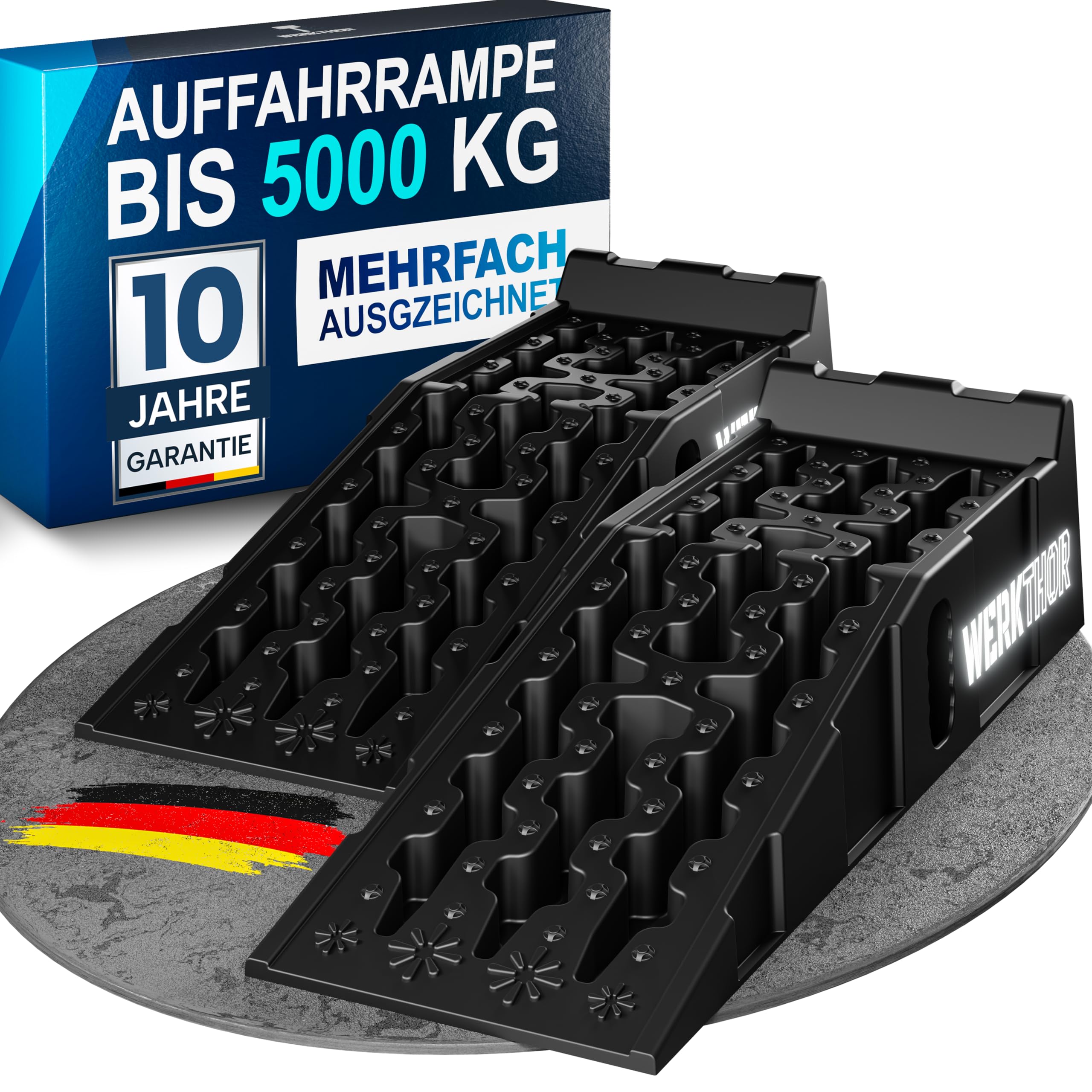 WERKTHOR Auffahrrampe Pkw – [2er Set] Auffahrrampen Pkw für maximalen Halt – Robuste Hebebühne Auto für jeden Untergrund – Auffahrkeile für sicheres Arbeiten – Perfekt für Fahrzeuge [>5T]