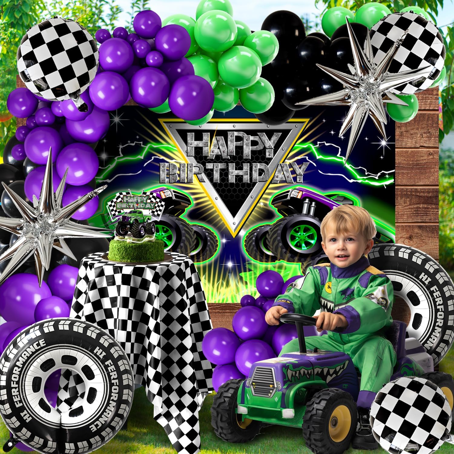 Monster Truck Birthday Party Decorations Racing Balloon Arch kit Large Wheel Checkered Balloon Honeycomb Centerpieces Backdrop Tablecloth Cake Topper