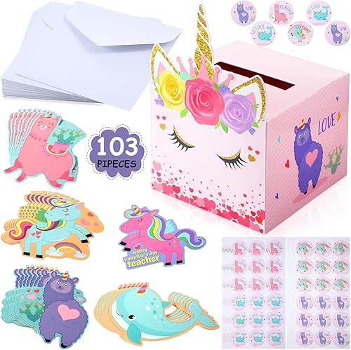 Zonon Cajas de San Valentín, tarjetas de San Valentín de unicornio con sobres y calcomanías de unicornio para intercambio en el aula (1 buzón, 33