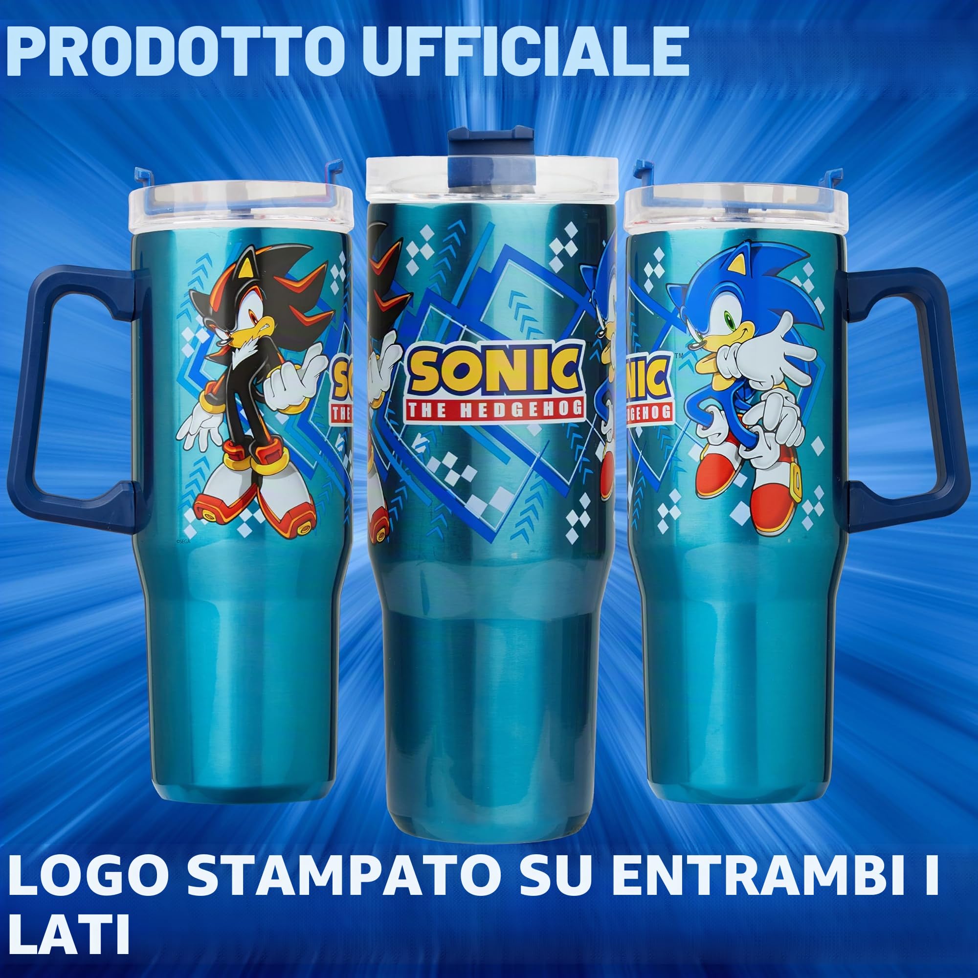 Get Trend SONIC THE HEDGEHOG Borraccia Termica con Cannuccia e Manico 940 ml, Tazza Termica in Acciaio Inox Isolata a Doppia Parete (Blu Sonic/Shadaw)