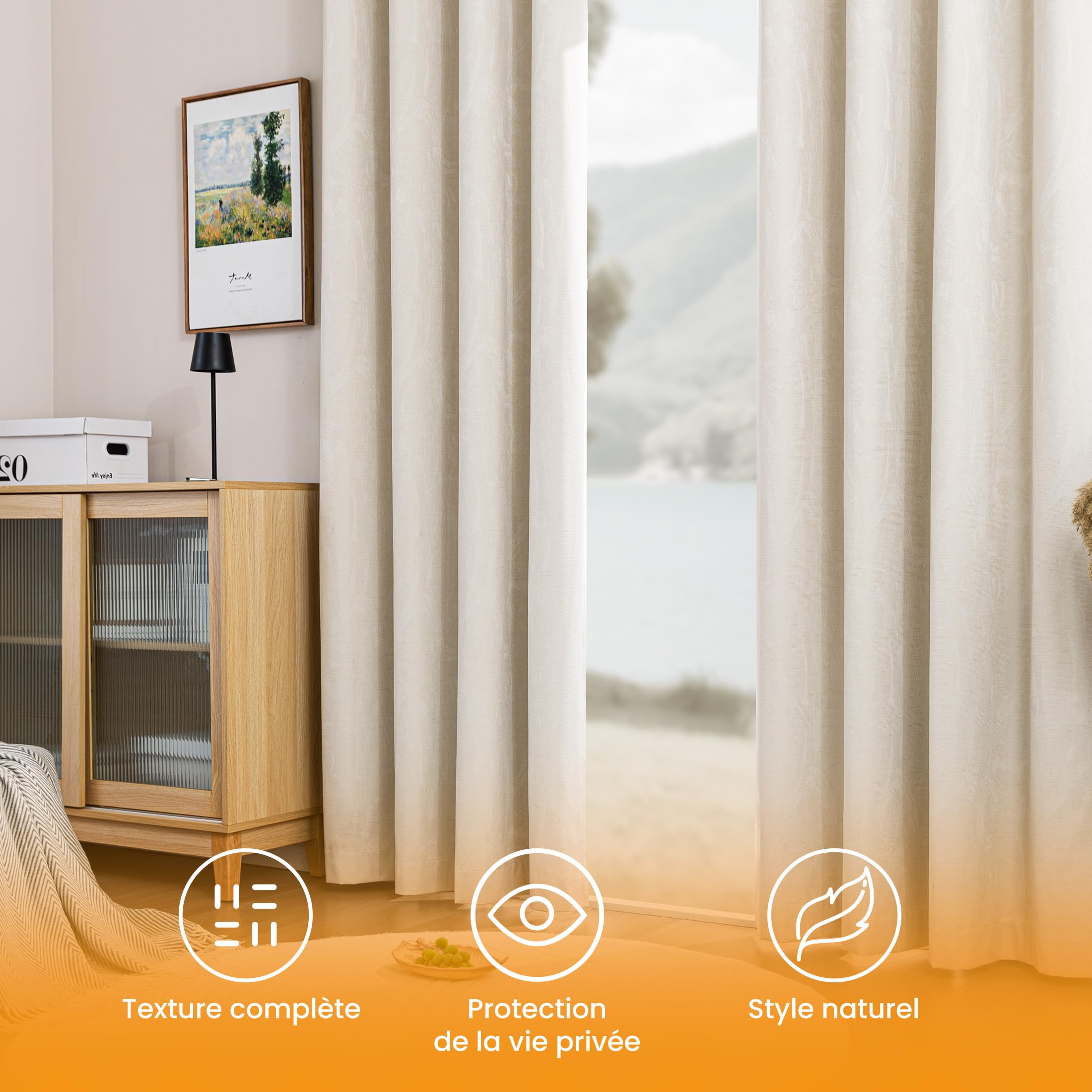 Sonive Rideaux Occultants 100%, Lot de 2 avec Œillets, H300 x L145cm | Rideaux Jacquard Thermiques pour Chambre, Salon Beige