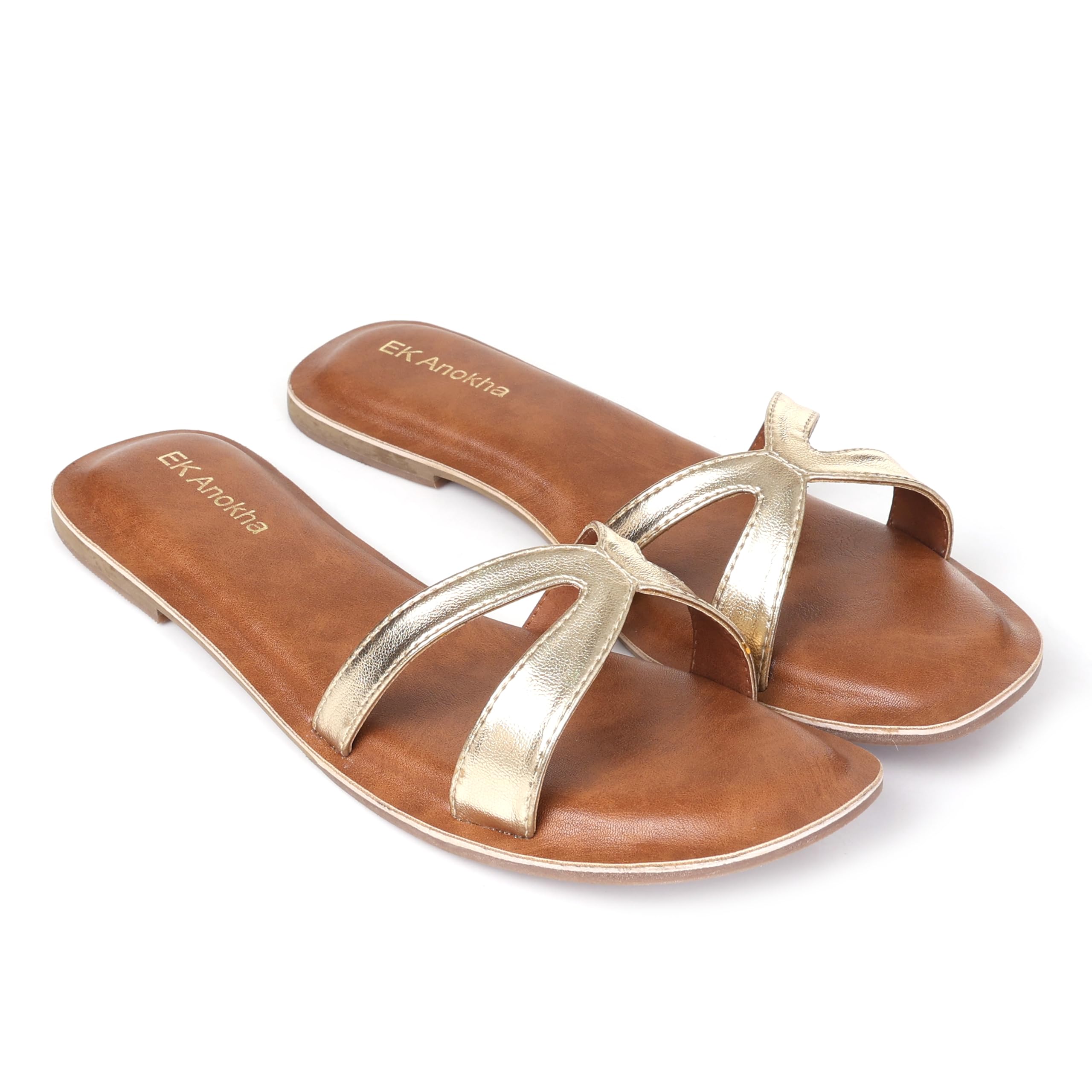 Women's Slip-On Flip-Flops with Golden Straps | Brown & Gold-image-2