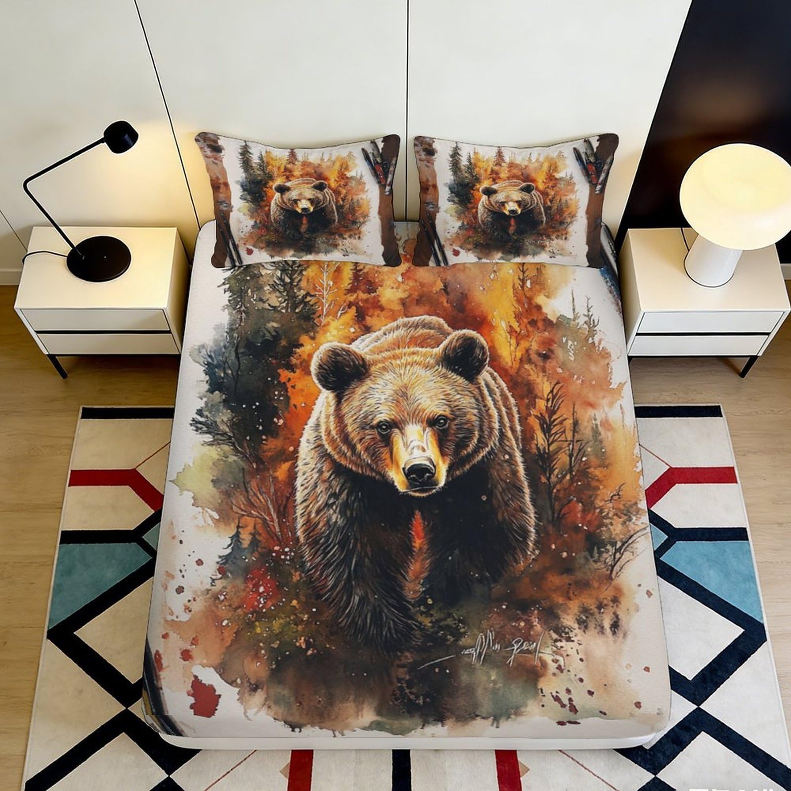 Dhbaneiok Style-5 3D Printed Wild Brown Bear Fitted Sheet Microfiber Soft Anti-Slip Forest Fire Bed Cover For Bedroom Dorm Decor 90X200x25cm