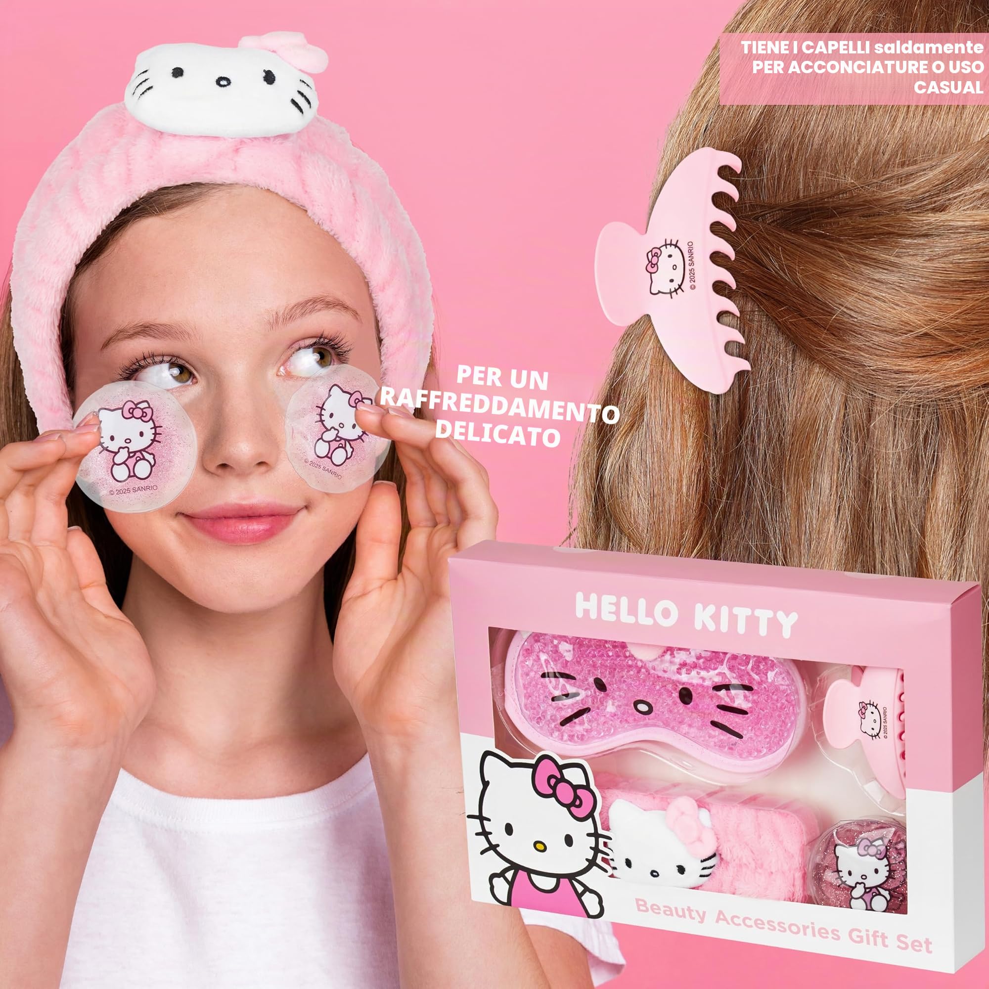 Hello Kitty Sanrio Maschera Occhi Gel Freddo Set Beauty Accessori, Kawaii Fermagli Capelli Fascia Capelli, Coccole Anime Regalo Donna Adolescenti (Rosa Hello Kitty)