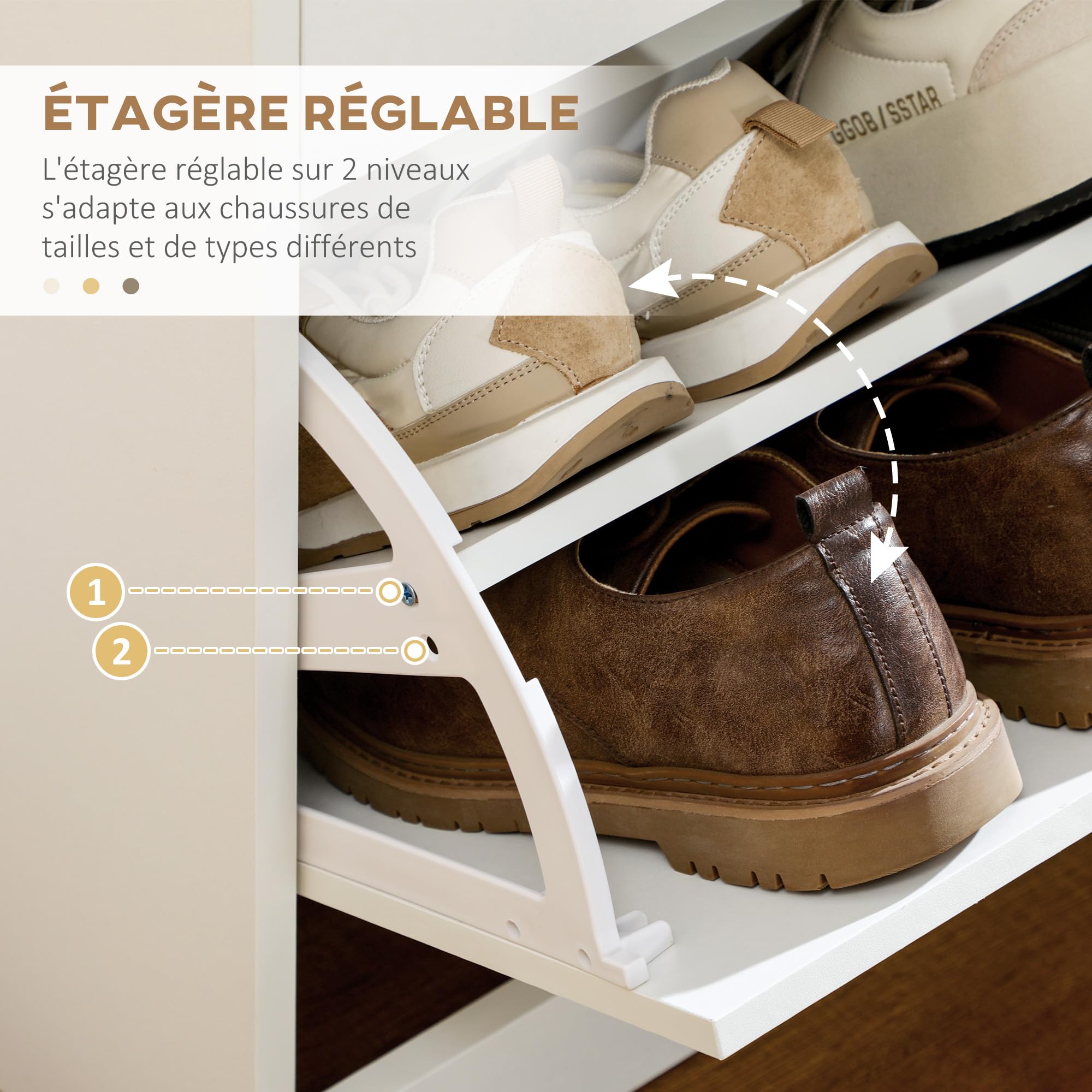 HOMCOM Meuble à Chaussures Armoire à Chaussures 80 x 30 x 91,5 cm Blanc | 2 Tiroirs, 2 Portes Abattantes, Étagère Réglable, Poignées en Aluminium