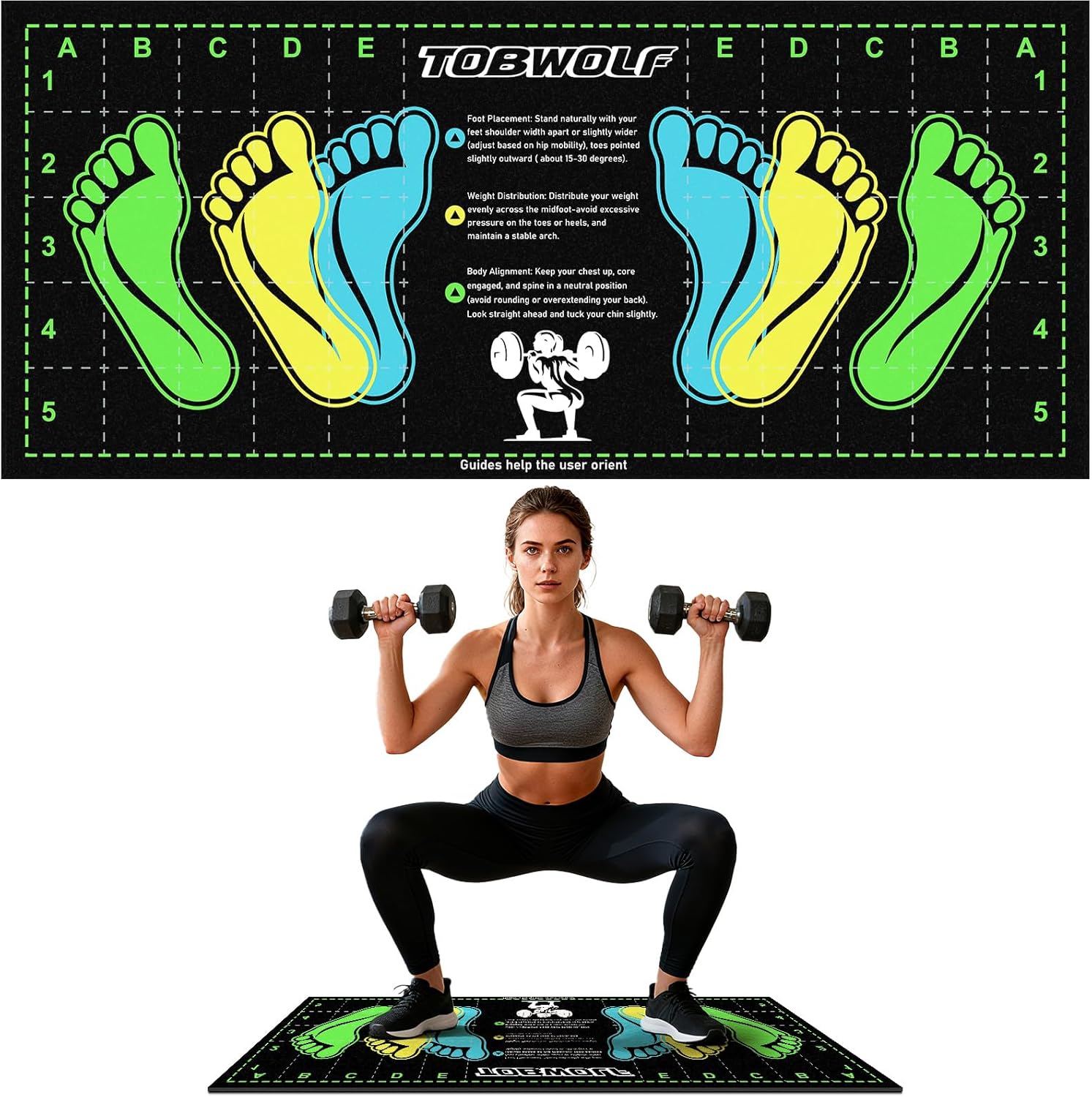 TOBWOLF 31.5x13.8 Non-Slip Squat Mat with Foot Guides - Pro-Grade for Squats, Lunges, Leg Workouts, Home Gym Safety