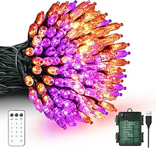 Tcamp Orange Purple Halloween Lights Decorations Outdoor Indoor, 33FT 100 LED USB & Battery Operated Halloween String Ligh...