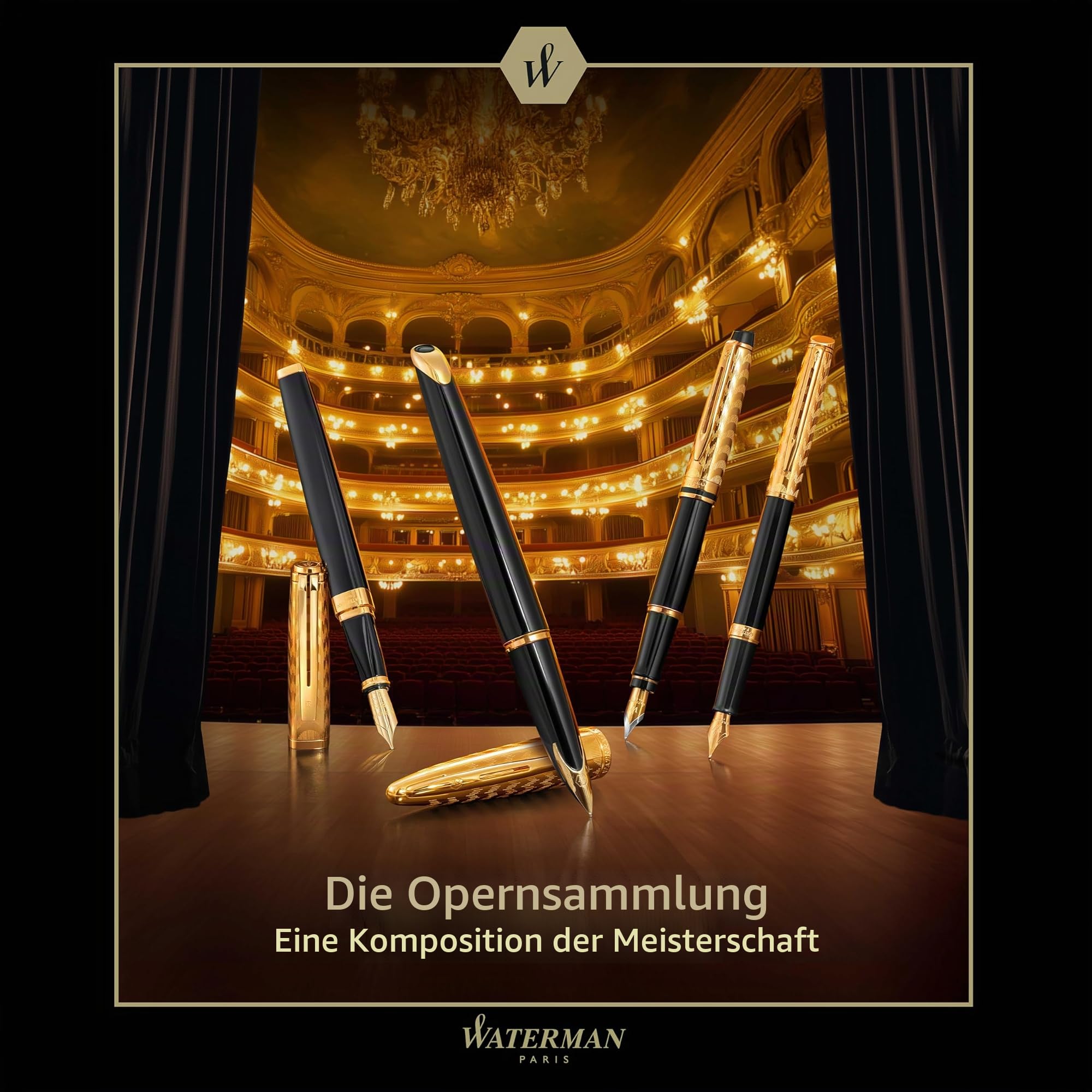 Waterman Hémisphère Tintenroller | Opera Kollektion | Schwarz und Gold | Feiner Spitze mit schwarzer Tinte Nachfüllen | Geschenkbox