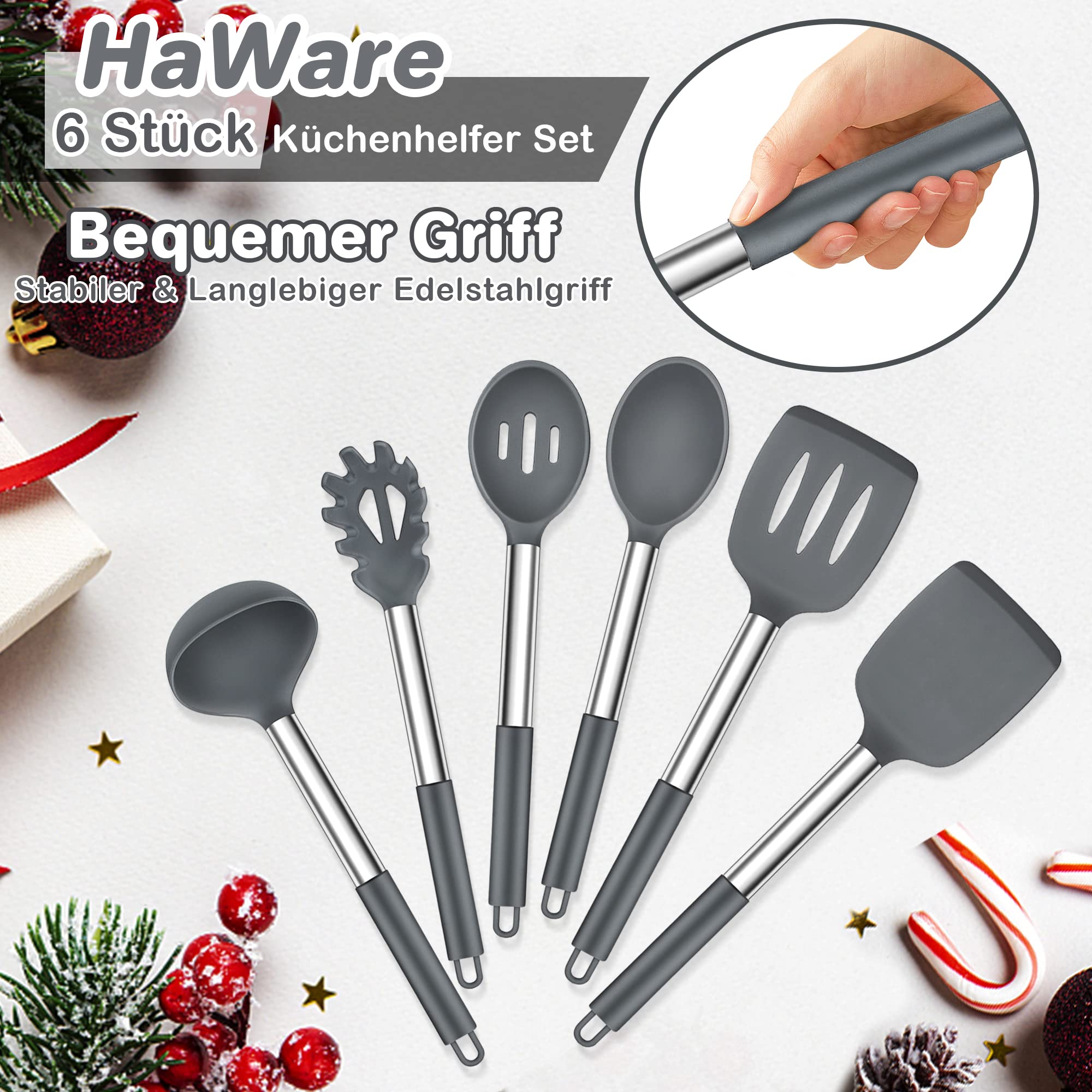 Set Di 6 Utensili Da Cucina in Silicone, Con Manico in Acciaio Inox