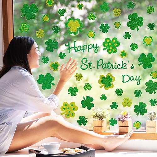 Miniatura 2 de Whaline 4 hojas de calcomanías para ventana del día de San Patricio con purpurina verde trébol para ventana de doble cara decoración de ventana para