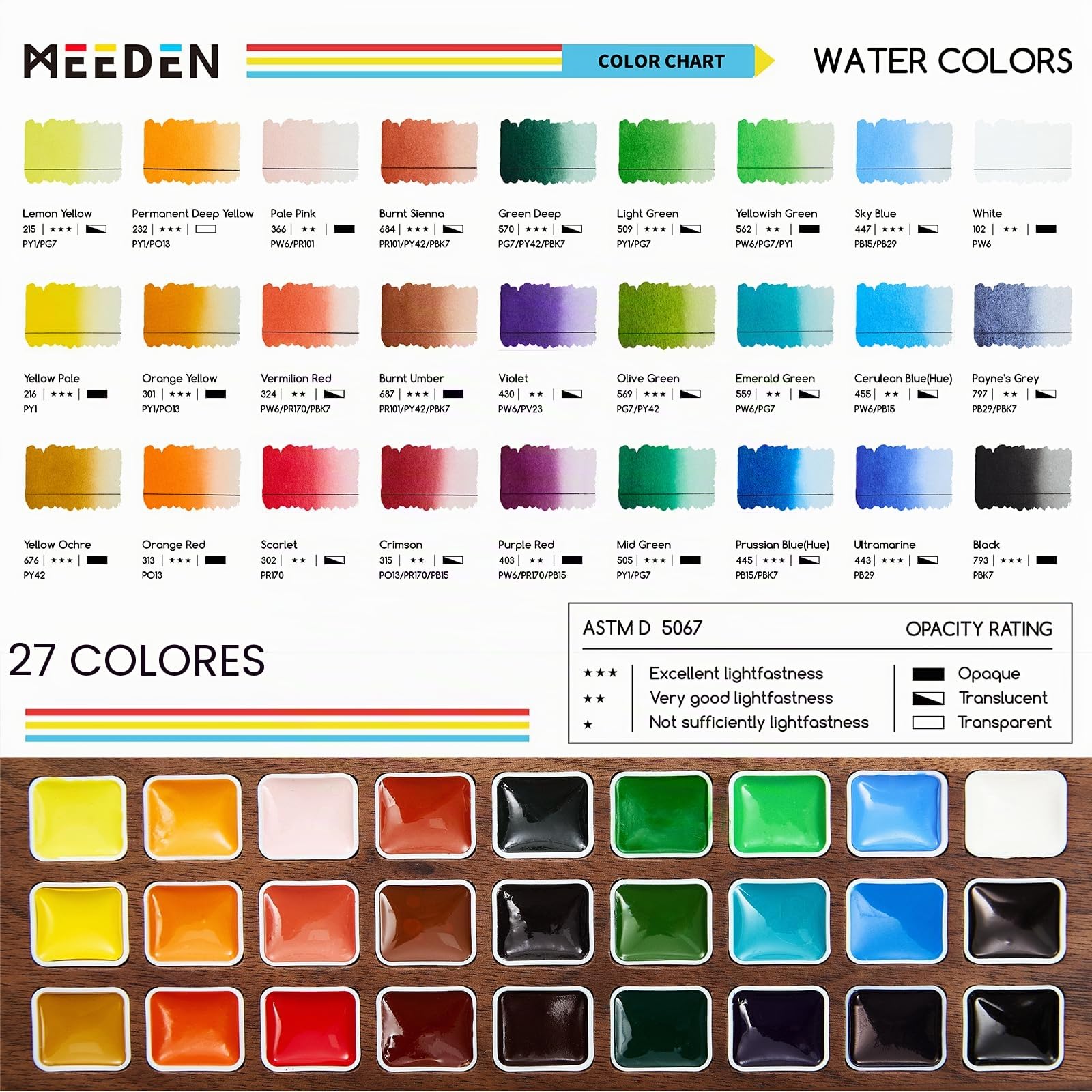 MEEDEN Juego de pintura de acuarela, colección de lujo de 27 colores con estuche de nogal negro, pinceles de pelo de ardilla natural y pinturas de grado artista, kit de acuarela de viaje perfecto para