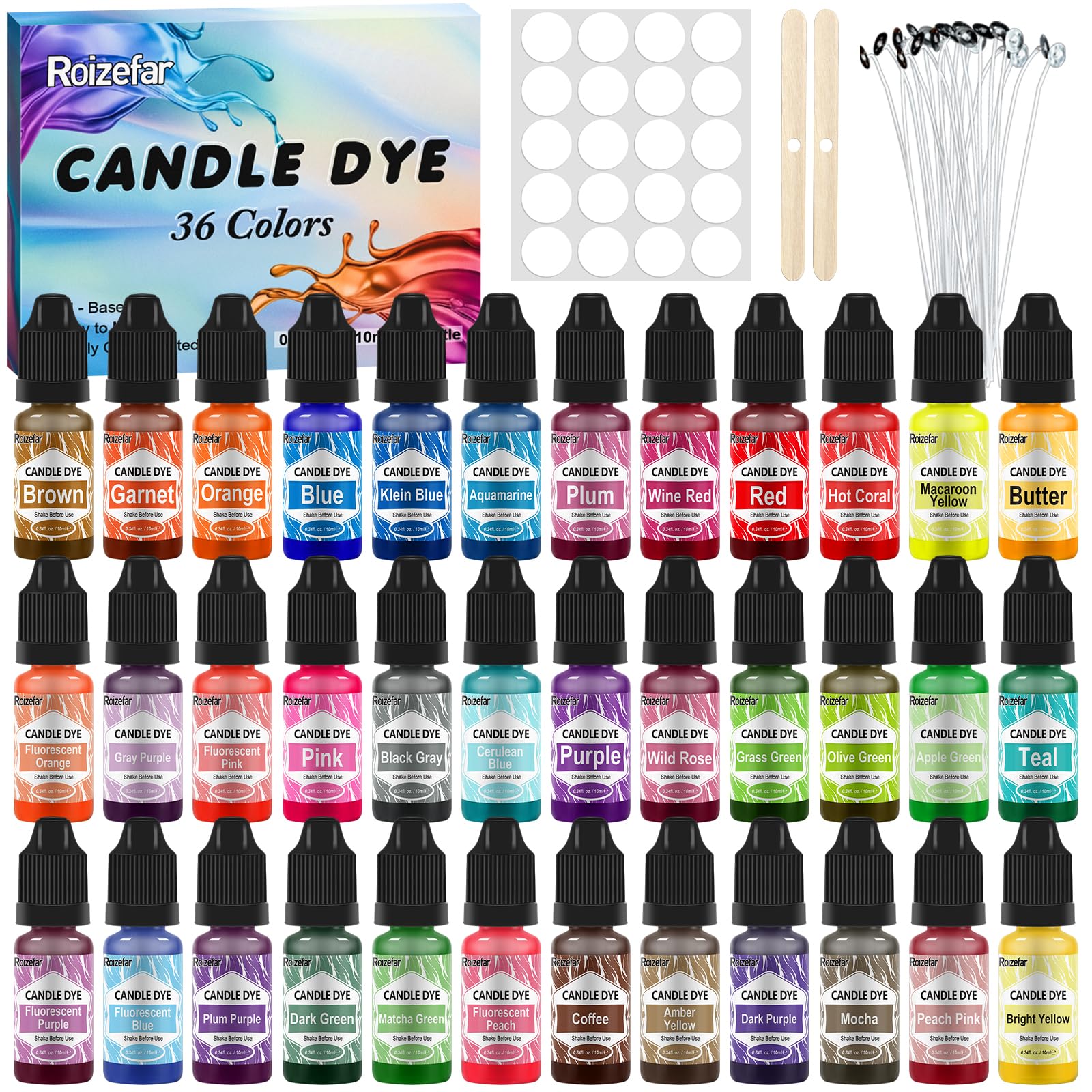 Roizefar Kerzenfarbe, 36 Farben Wachs für DIY-Kerzen & Kerzenherstellung | Hochkonzentrierter flüssiger Kerzenfarbstoff für Gelwachs, Paraffinwachs, Bienenwachs, Kerzenwachs, DIY, je 10 ml