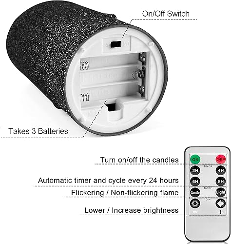 Miniatura 7 de CVHOMEDECO. Juego de 3 velas LED parpadeantes sin llama con purpurina que funcionan con pilas para el hogar, boda, Halloween, decoración de Navidad.