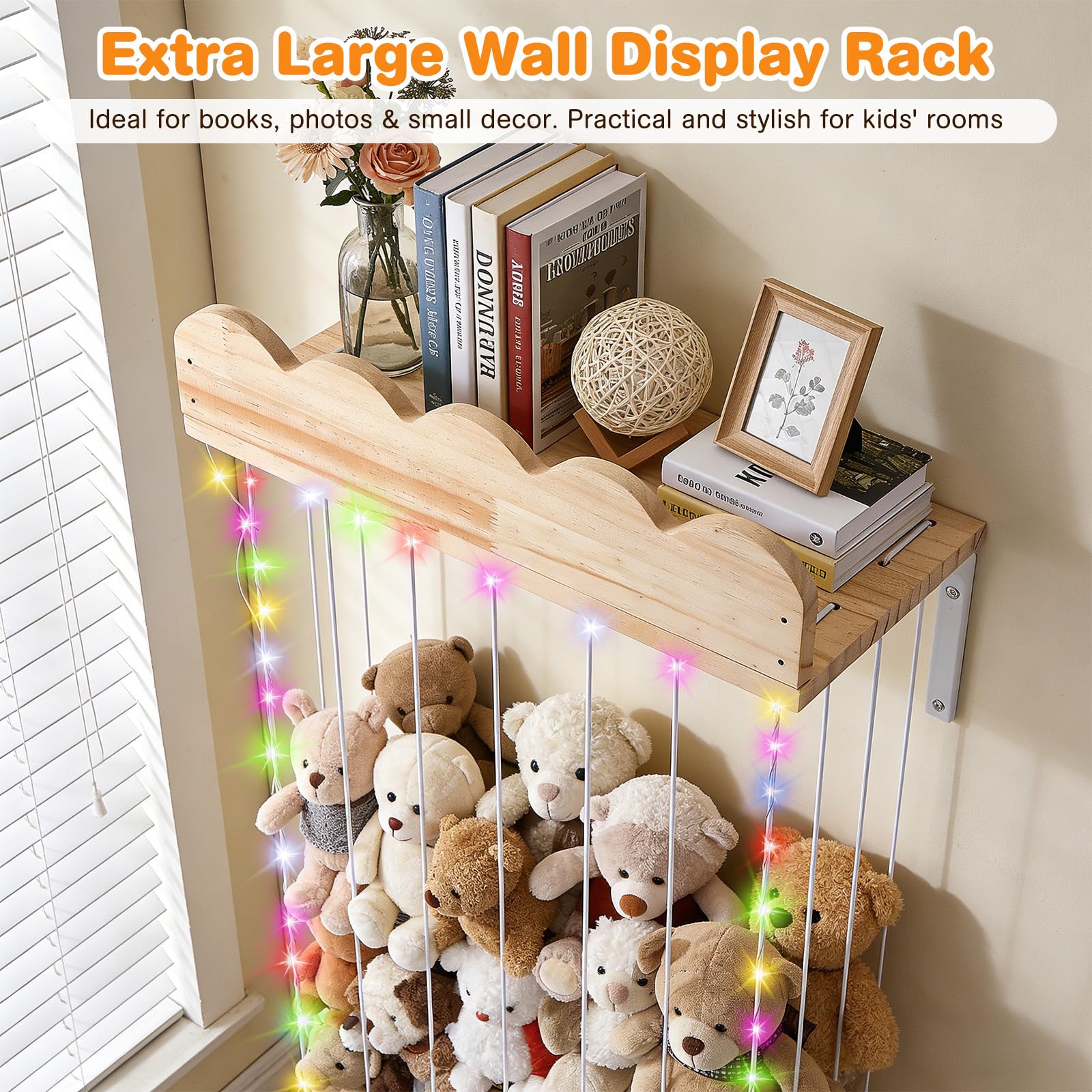 Rangement Peluche de Enfant, Mural Suspendu Range Peluche en Bois Gain de Place, 183 * 43 * 20CM Rangement Jouet Enfant pour Salle de Jeux, Chambre d'enfant, Chambre à Coucher,Hauteur Ajustable