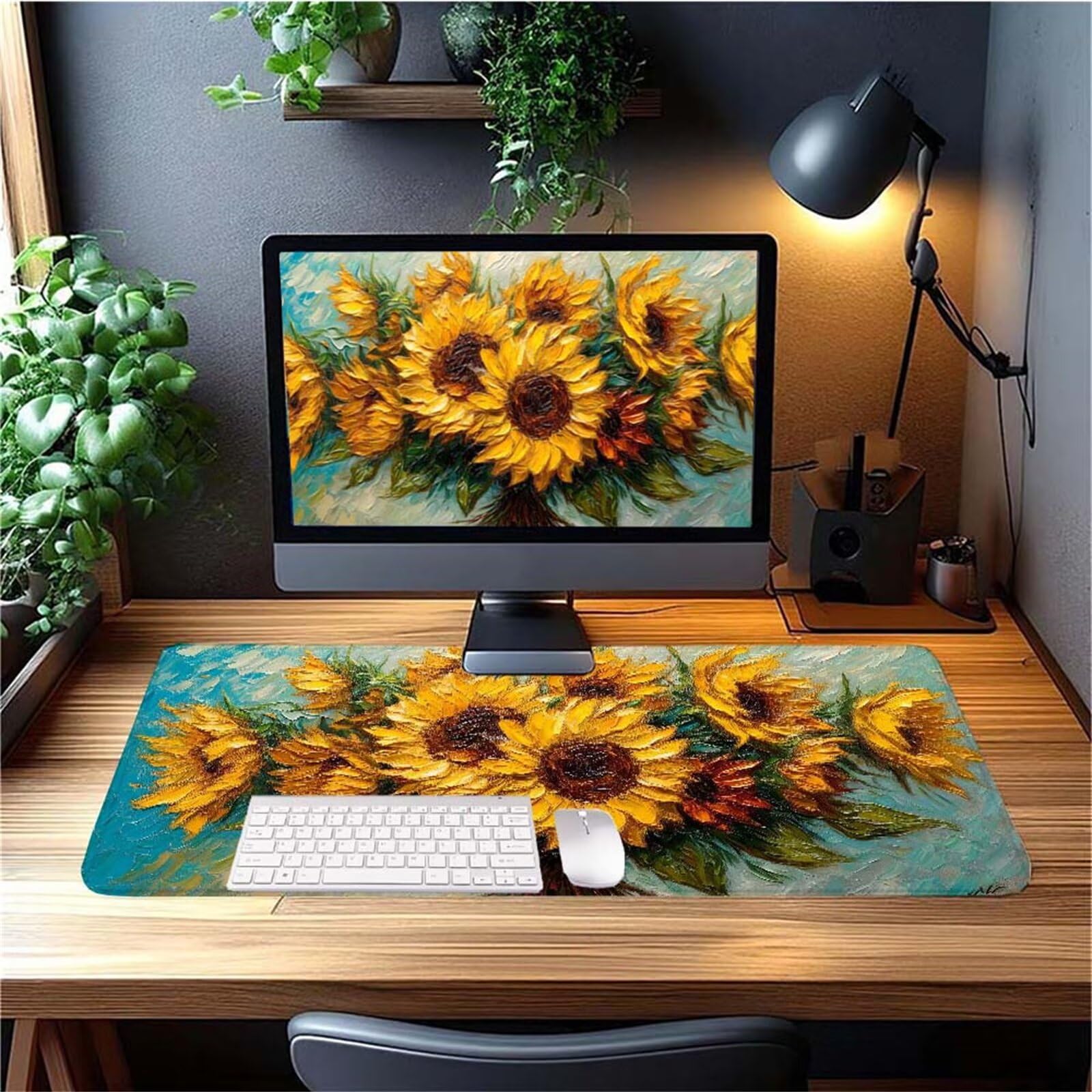 Alfombrilla Ratón Van Gogh Girasol Alfombrilla Ratón XXL 1400x600x3mm Mouse Pad Resiste Salpicaduras, Extendida de Gran Tamaño con Bordes Cosidos, Mejora la Precisión y la Velocidad, Duradera y-139