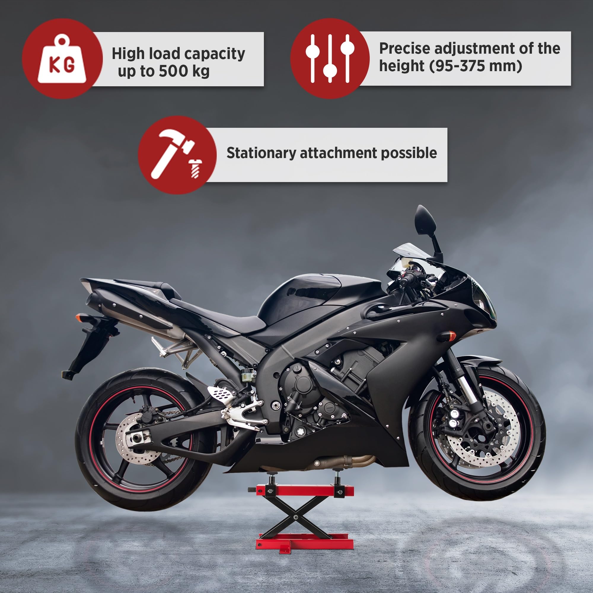 Arebos Podnośnik motocyklowy | Podnośnik motocyklowy | 500 kg | Czerwony | Napęd wrzecionowy | Regulacja wysokości od 95 do 375 mm