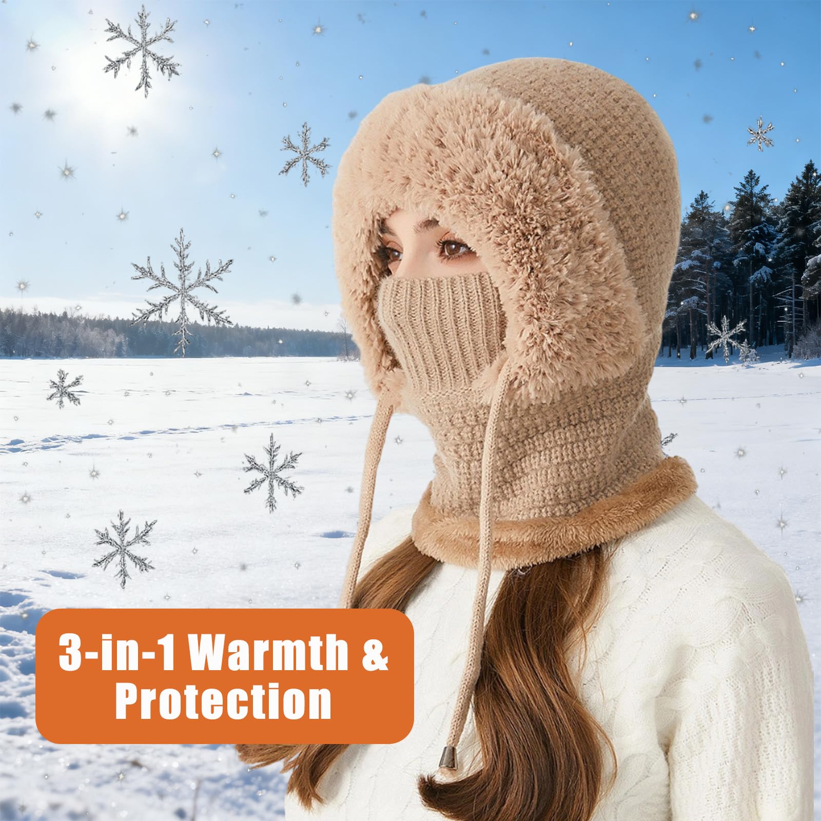 3 in 1 Beanie Hat with Scarf and Mask for Women, Warm Knitted Winter Balaclava Hood for Skiing, Hiking