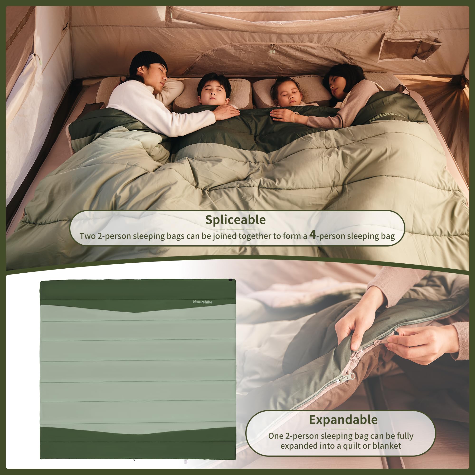 Naturehike YC Più Largo Sacco A Pelo 2 Persone Coperta Sacco A Pelo 3-4 Stagioni per Adulti Bambini Caldo Lavabile Portatile Cotone Sacchi A Pelo per Campeggio, Viaggi e Attività All'aperto