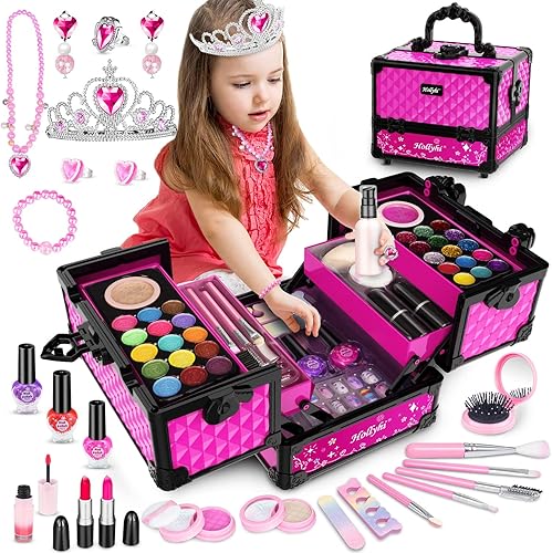 Hollyhi Juego de 62 piezas de maquillaje para niños para niñas juego de juguetes de maquillaje lavables para vestir juego de tocador de belleza de