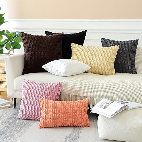 Miniatura 6 de OTOSTAR Juego de 2 fundas de almohada decorativas de pana suave de 16 x 16 pulgadas, fundas de cojín cuadradas de estilo bohemio a rayas para sofá,