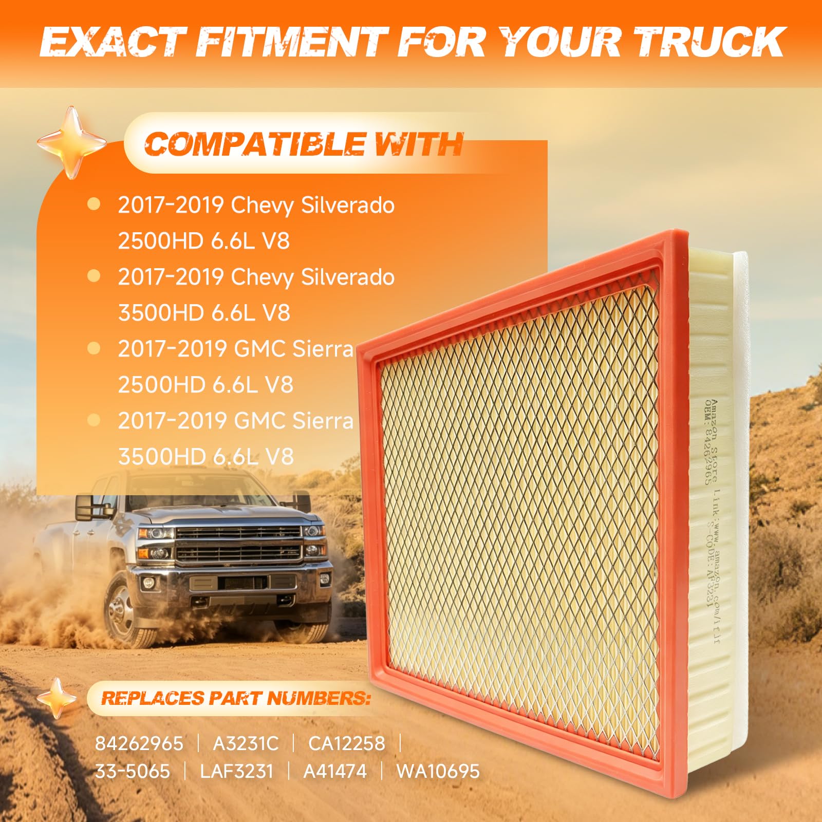 iFJF Filtro de aire de repuesto A3231C para motor diésel Duramax 6.6L V8 2017-2019 Chevy Silverado/GMC Sierra 2500HD 3500HD sustituye a 84262965