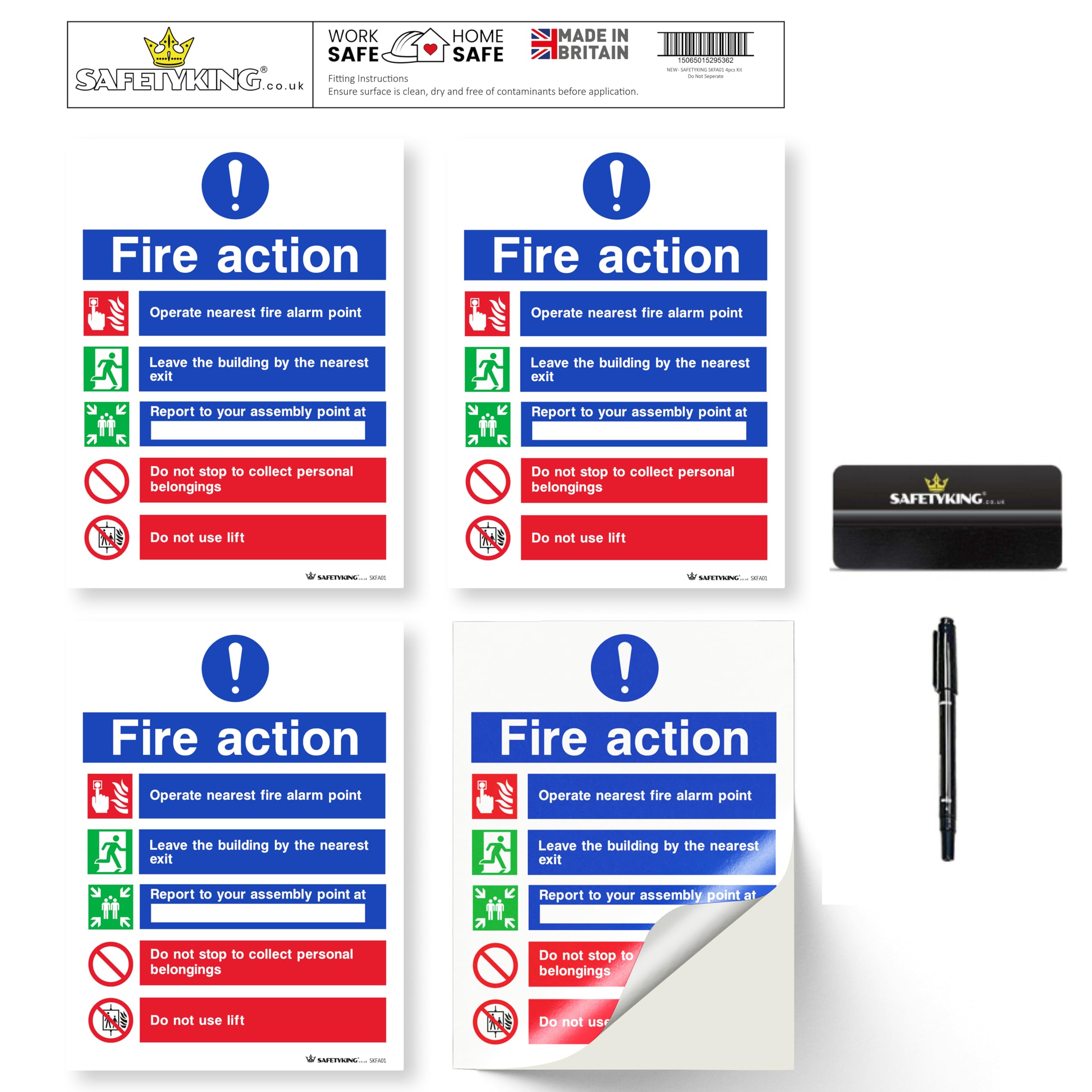 SAFETYKING® FIRE ACTION STICKER KIT - 4 Piece Set with Squeegee and Marker Pen | Fire Action Notice | Fire Action Sign | Fire Action Stickers | Fire Stickers