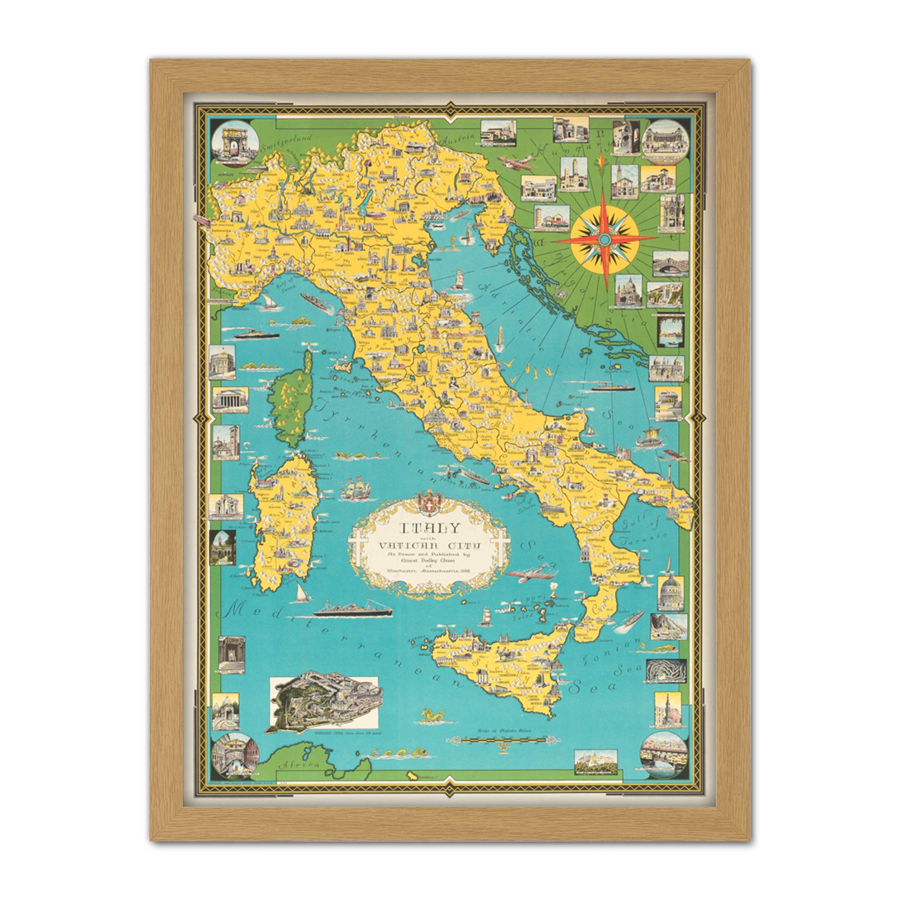 Chase 1944 Pictorial Map Italy Vatican City Large Framed Art Print Poster Wall Decor 18x24 in