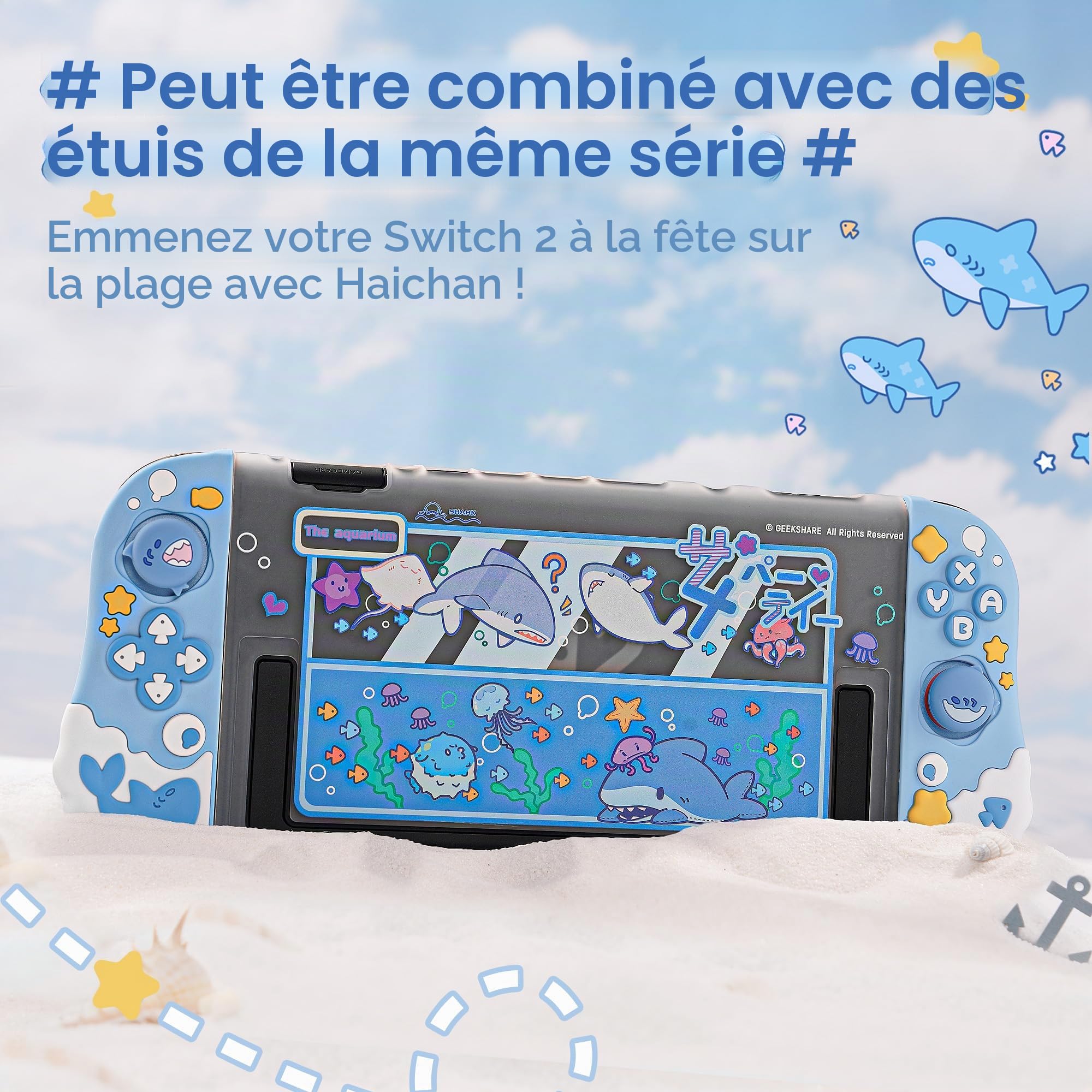 GeekShare Coque de protection pour manettes Switch 2 Joy Con, coque de protection en silicone souple compatible avec les manettes portables Switch 2 JC, fête de requin