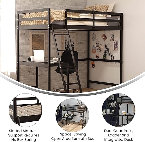 Miniatura 5 de BizChair Base de cama tipo loft con escritorio, marco de cama de madera de tamaño individual con barandillas protectoras y escalera para niños,