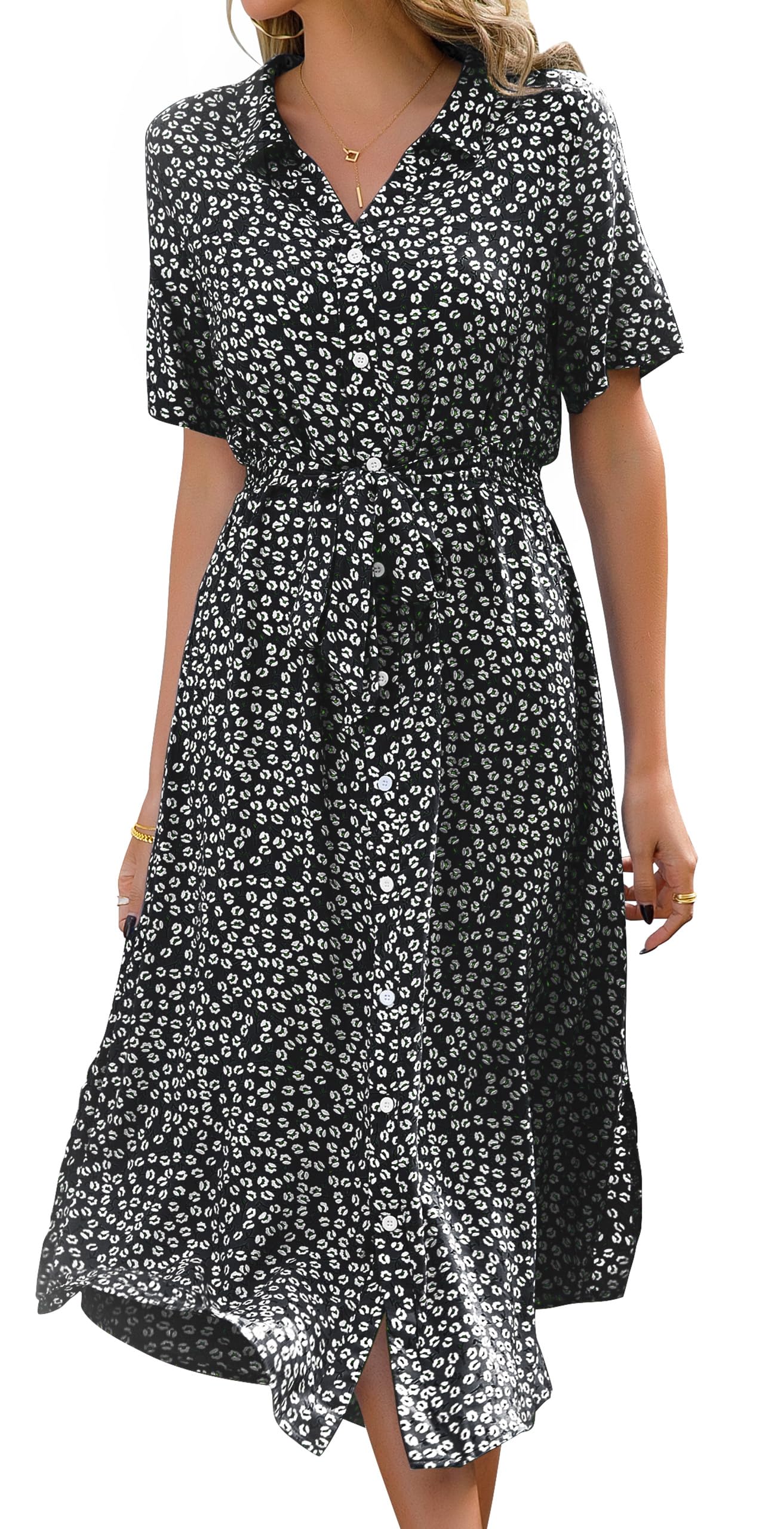 Livonmone Sommerkleid Damen Kurzarm Casual V-Ausschnitt Blumendruck Kleider Strandkleider Sexy Schlitz Midikleid Cocktailkleid Partykleid mit Gürtel