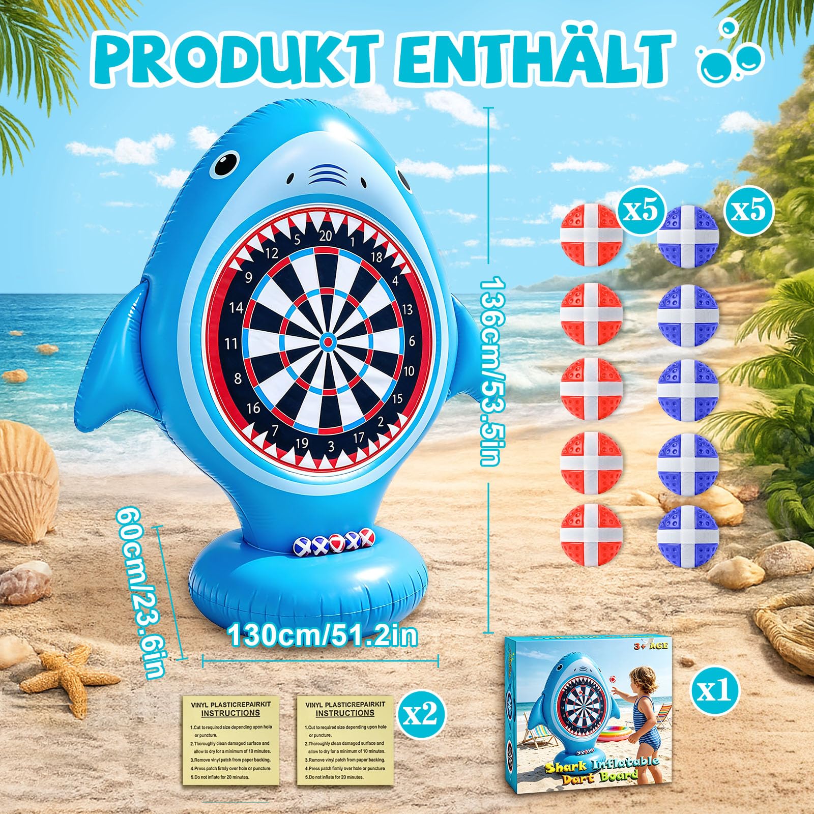Aufblasbare Dartscheibe für Pool, Wurfspiel mit 10 Klettbällen, Wasserspielzeug für Kinder Erwachsene, Pool Spielzeug Outdoor Indoor Party Spiel Garten Strand Sommer (Ohne Beleuchtung)