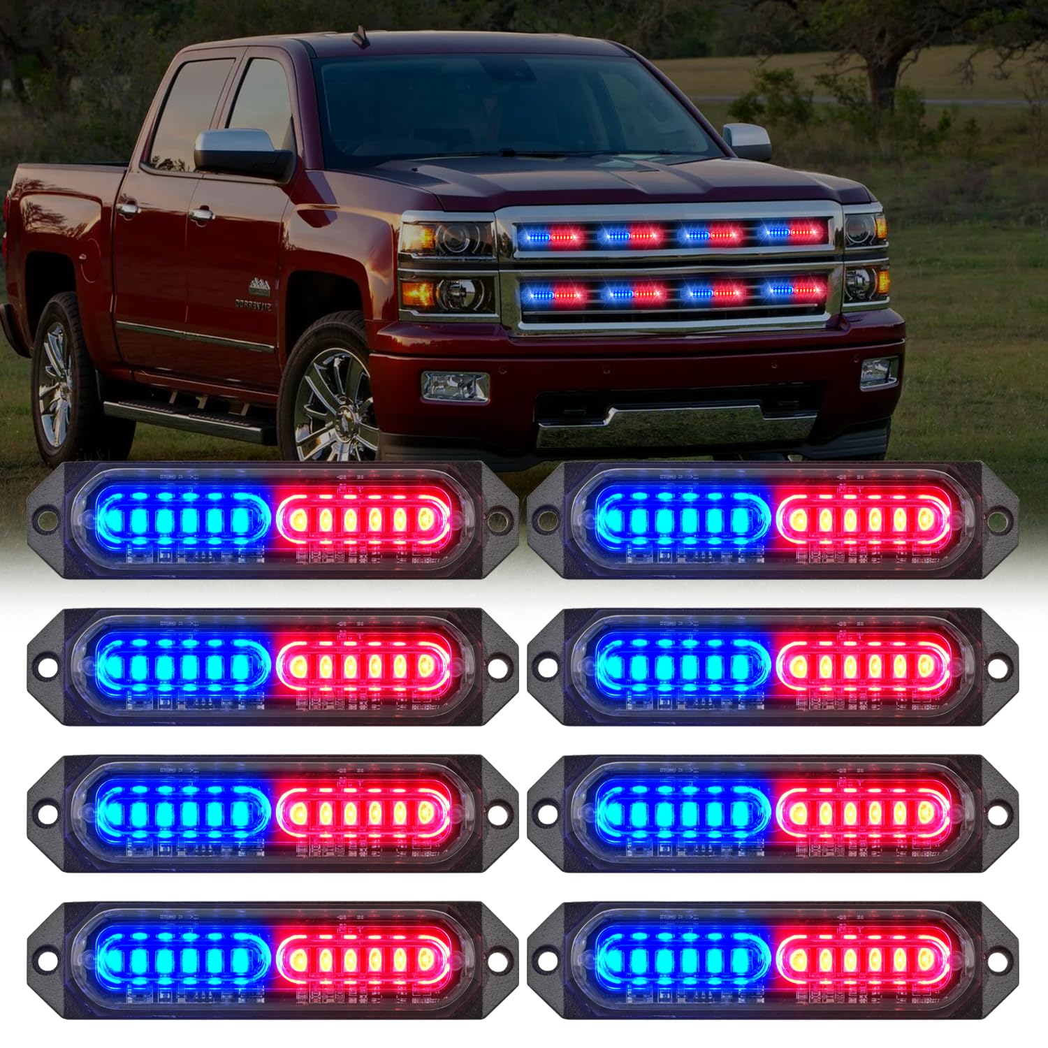 Nilight 8PCS Led Strobe Lights 12LED Red Blue Emergency Light 12V 24V Surface Mount Flashing Warning Hazard Beacon Ultra Slim Sync Feature Mini Grille