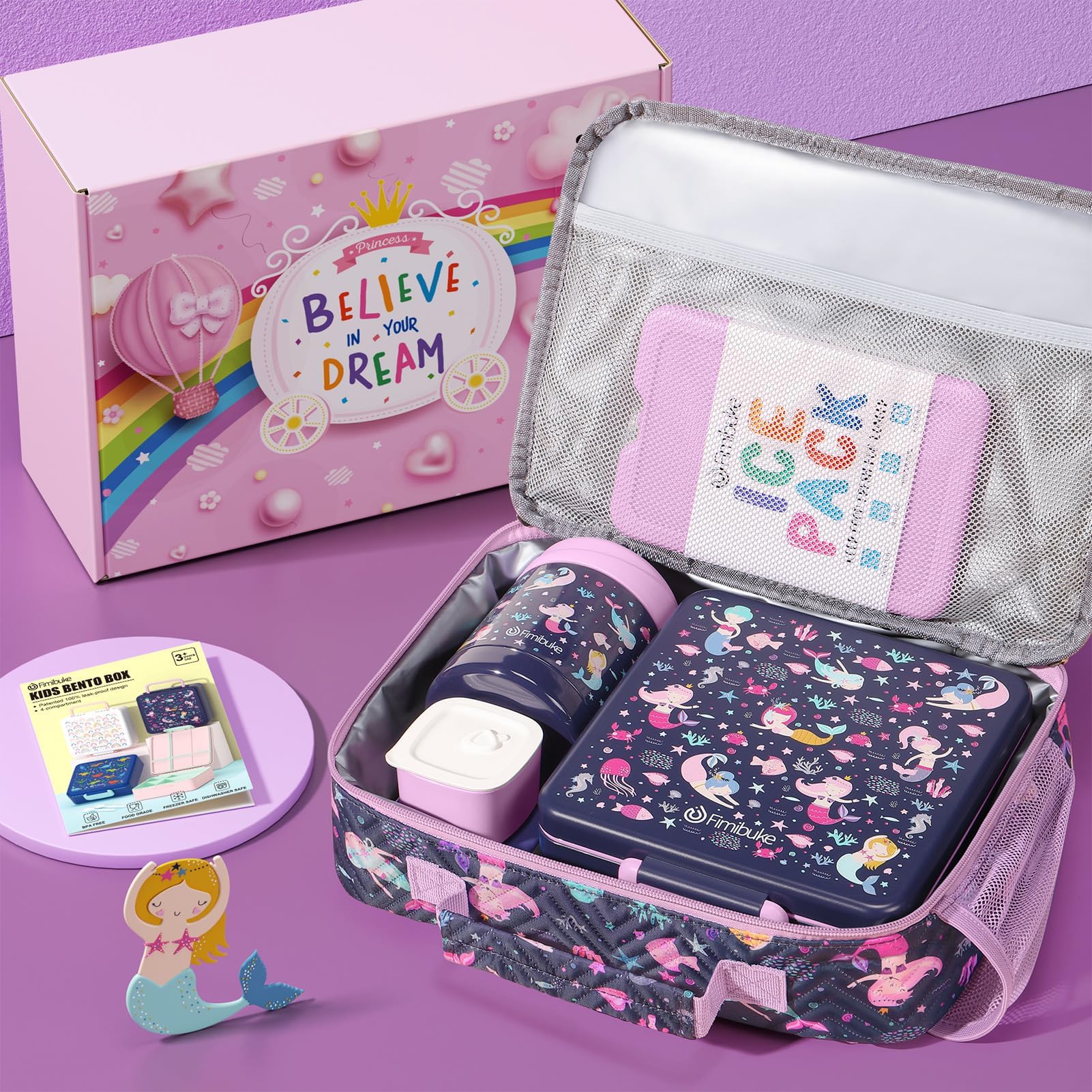 Fimibuke Lonchera Bento para niños con 4 compartimentos, bolsa de almuerzo aislada, tarro térmico al vacío de acero inoxidable, bolsa de hielo, juego de utensilios, regalos de cumpleaños para niños de