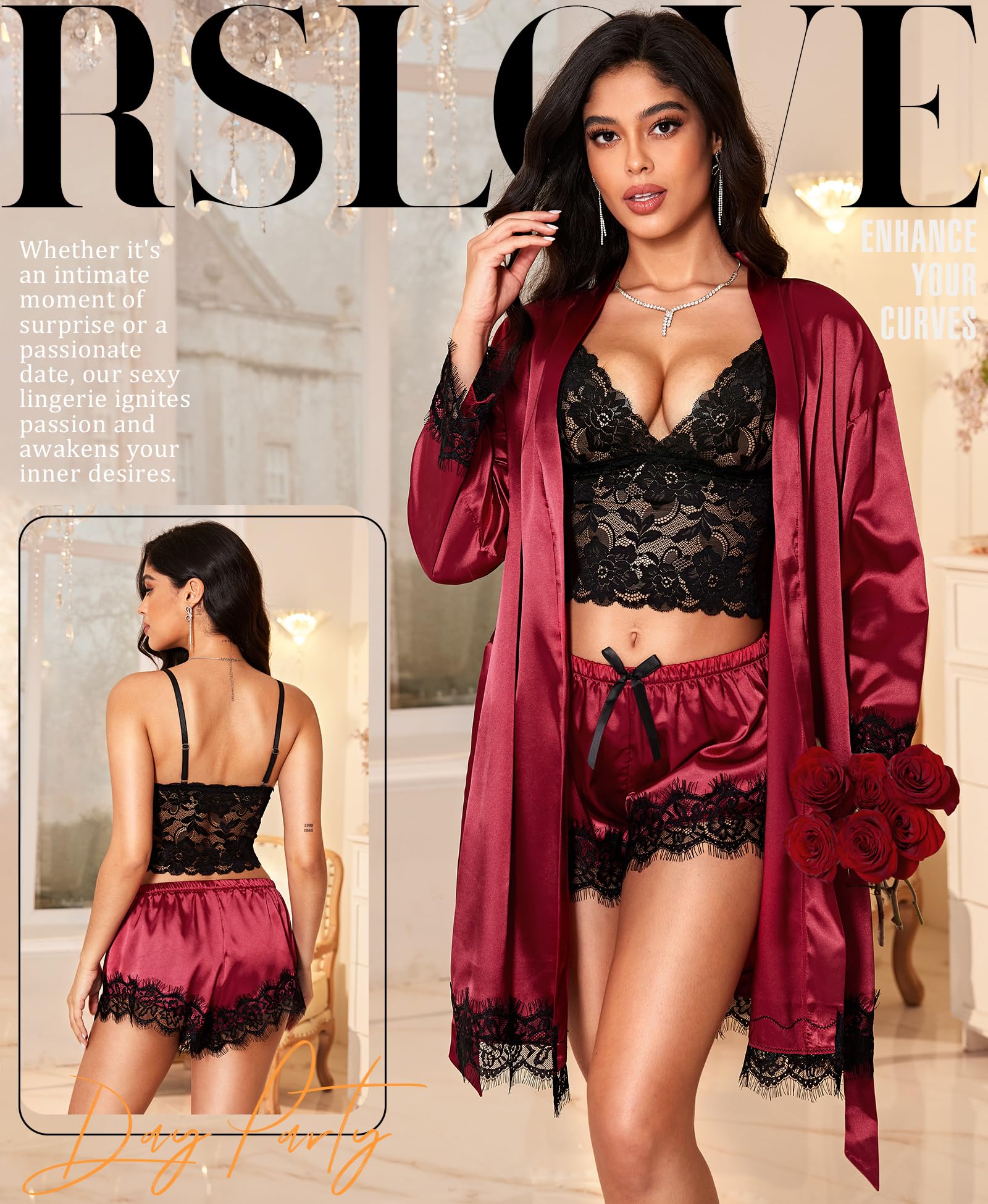 Sexy Dessous-Sets für Damen – Satin-Robe, Nachtwäsche, Seidenrobe, Babydoll, Chemise, Negligees, Nachtwäsche, 3-teilig