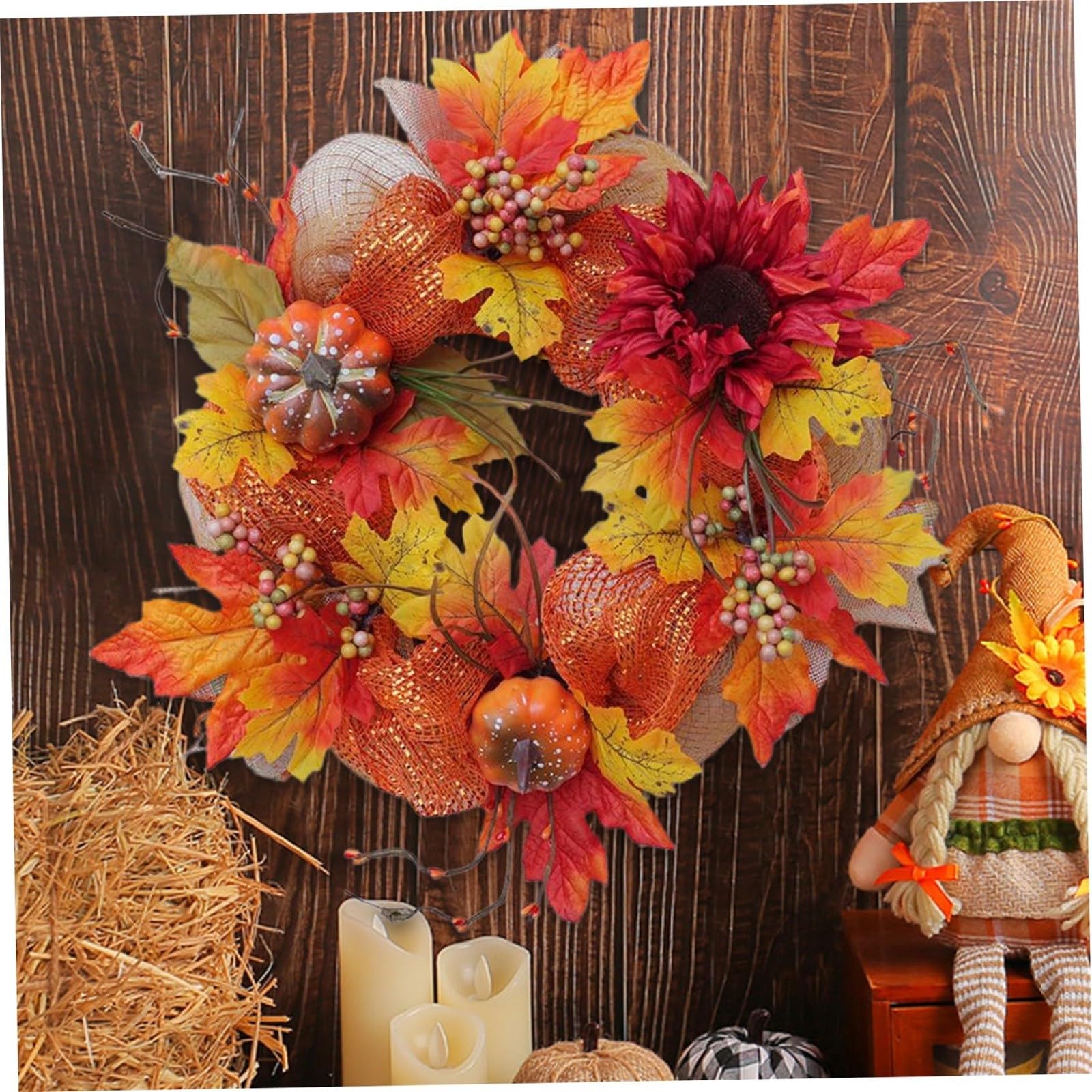 Couronne décorative, Couronne d'automne avec Feuille d'érable Couronne d'automne Porte d'entrée Couronne Feuilles d'érable d'automne Couronnes Thanksgiving Halloween Décoration Porte Ferme Thanksgiv