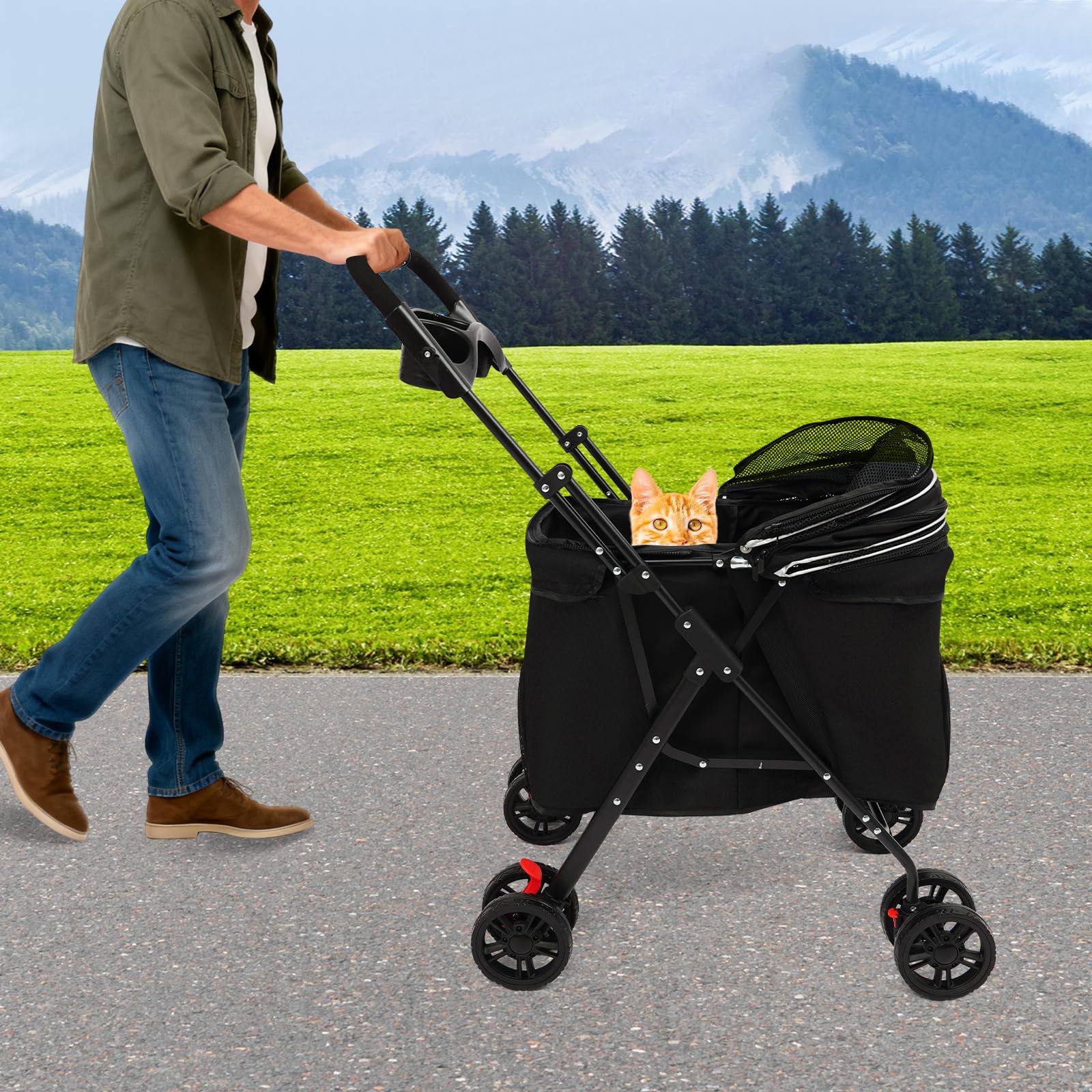 Carrito plegable para perros y gatos, color negro, para perros y gatos de hasta 10 kg, 60 x 33 x 38 cm, 4 ruedas con freno, plegable
