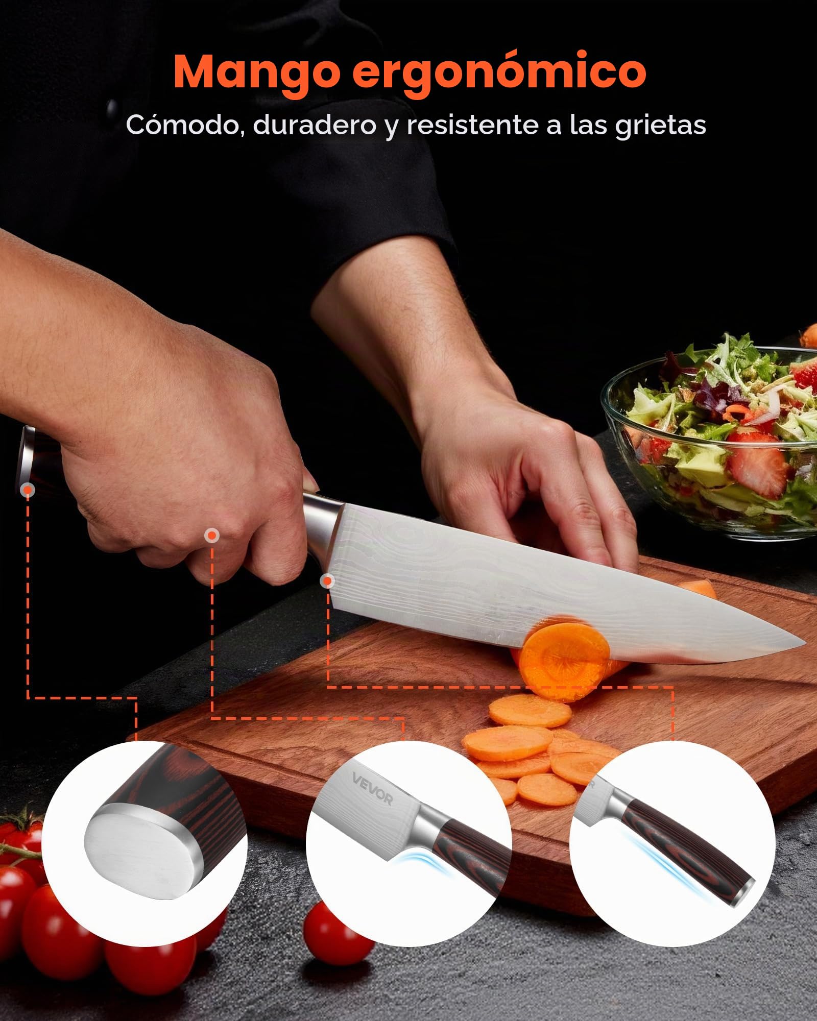 VEVOR Juego de Cuchillos de Acero Inoxidable de Alto Carbono, con Bloque de Madera y Afilador, 15 Piezas, con Mango Ergonómico, para el Hogar, Diseño con Bordes Redondeados, 131 x 195 x 345 mm