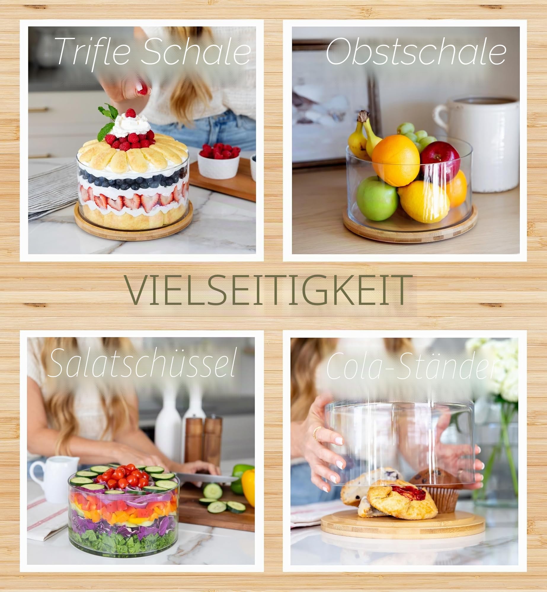 XXL Salatschüssel aus klarem Glas mit Doppelfunktions-Deckel aus Bambus – extra große Rührschüssel mit Deckel für Salate, Dessert, Obst, Punsch – Mittelstück große Servierschalen für Unterhaltung