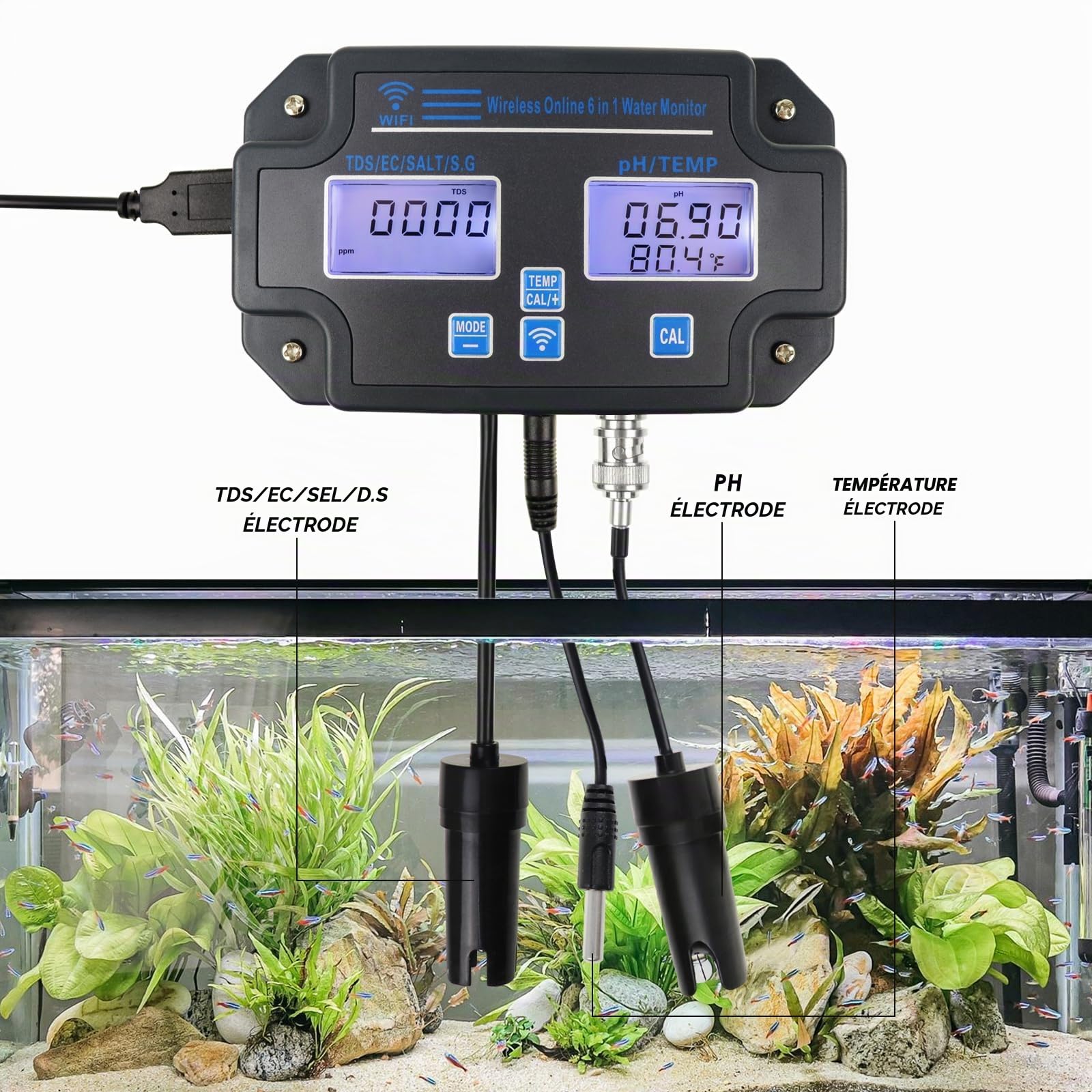 6 en 1 Multi-paramètres Testeur de pH: pH/EC/TDS/Sel/SG/Température avec Wi-Fi Sans fil Surveillance via Mobile APP Facile 3 Points Étalonnage pour Étangs à Poissons, Aquariums, Culture Hydroponique