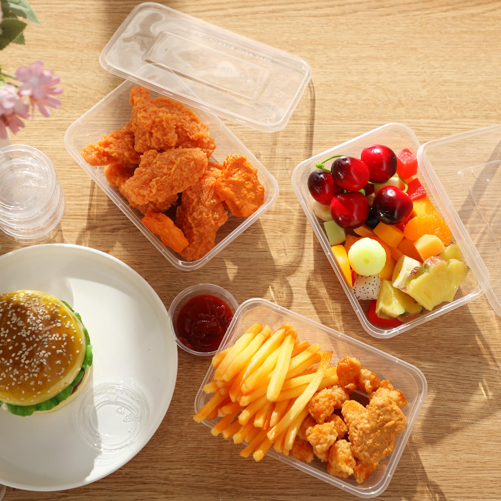 Lallisa Einweg-Frischhaltedosen mit luftdichtem Deckel, transparent, Kunststoff, Portionsbecher mit Deckel, auslaufsicher, für Salat, Suppe, Obst, Saucen, Gewürze, 750 ml, 100 Stück