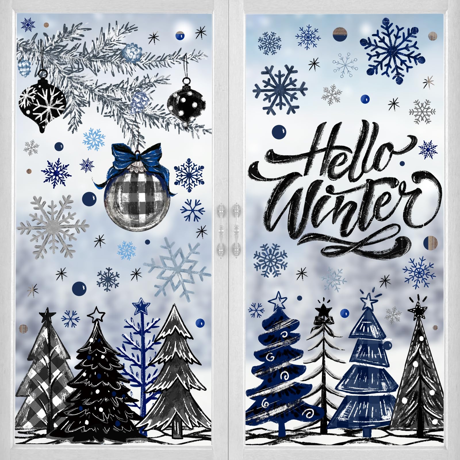 Vellibring 167 PCS Christmas Window Clings Stickers Hello Winter Snowflakes Christmas Tree Pine Branches Window Decals for Xmas Party Home Holiday Shop Glass Display Decoration