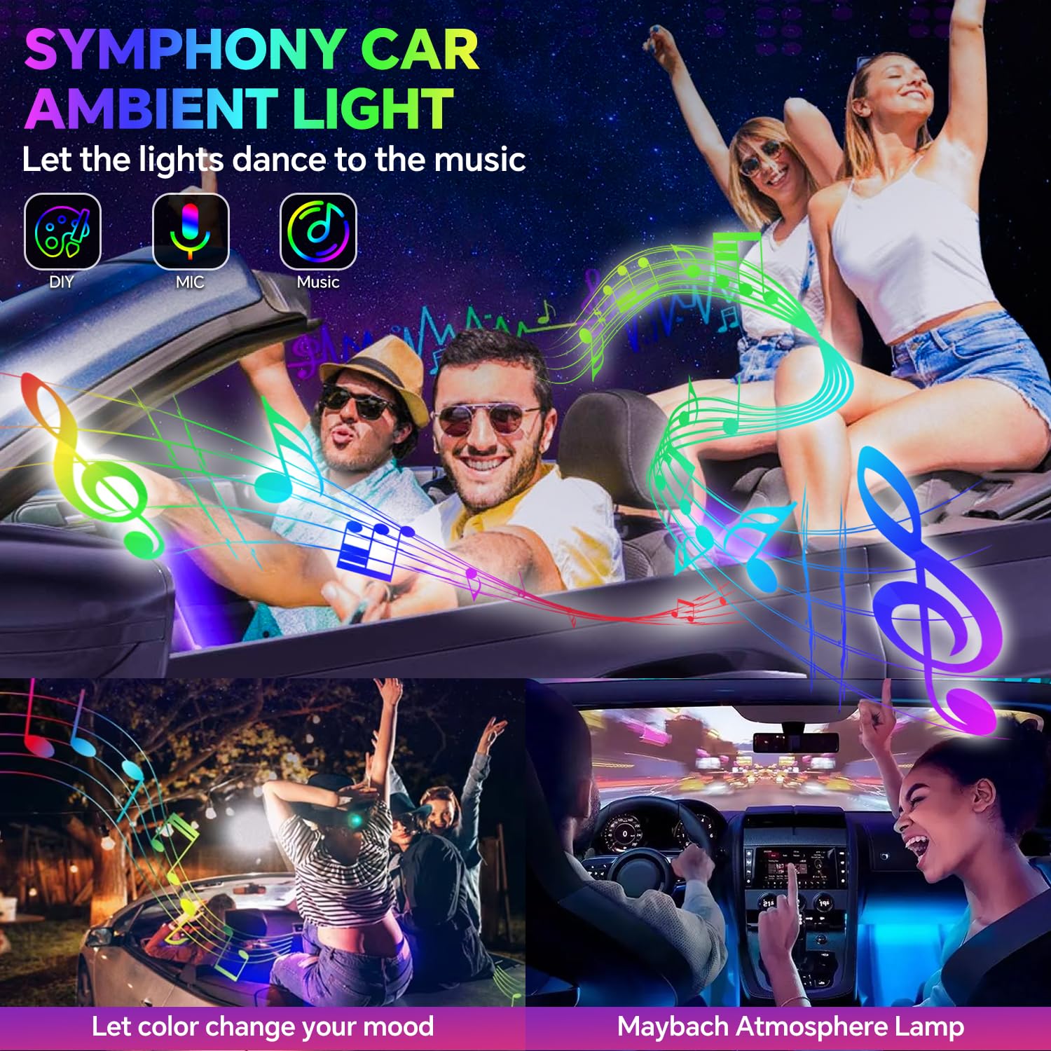 Acryl-Innenraumbeleuchtungsset für Autos,Bphuny 18-in-1 593 LEDs,Glasfaser,mehrere Modi,Dekorations-Atmosphärenlichter mit Musik,dynamischem Regenbogenrhythmus,RGB-Neonlichter für alle Autos