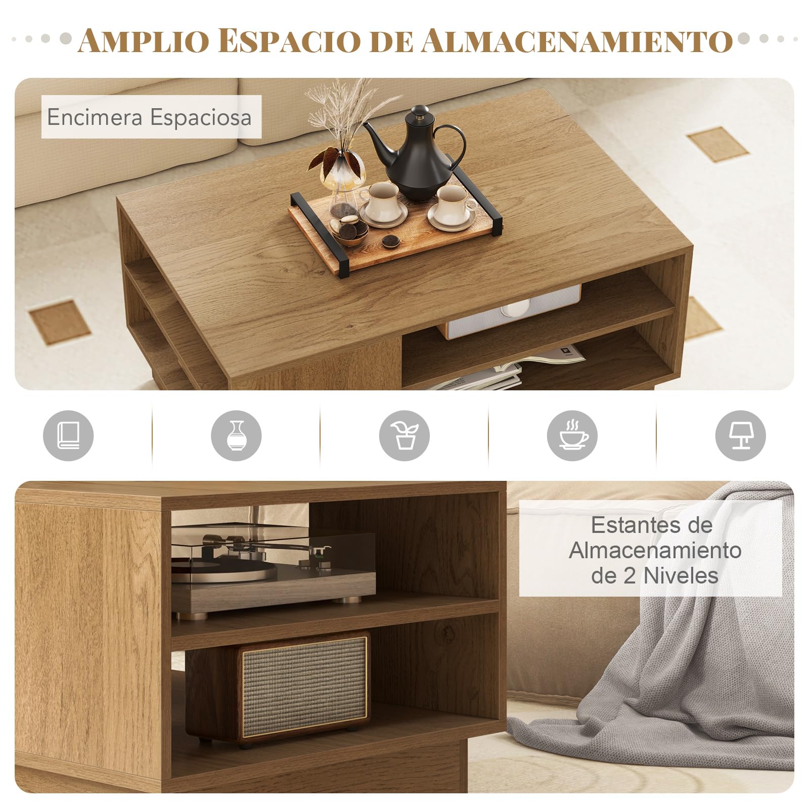 COSTWAY Mesa de Centro Moderna, Mesa Rectangular con 2 Estantes Abiertos, Mesa Auxiliar para Salon, Sala de Recepción, Sala de Espera, 86 x 56 x 41 cm (Natural)
