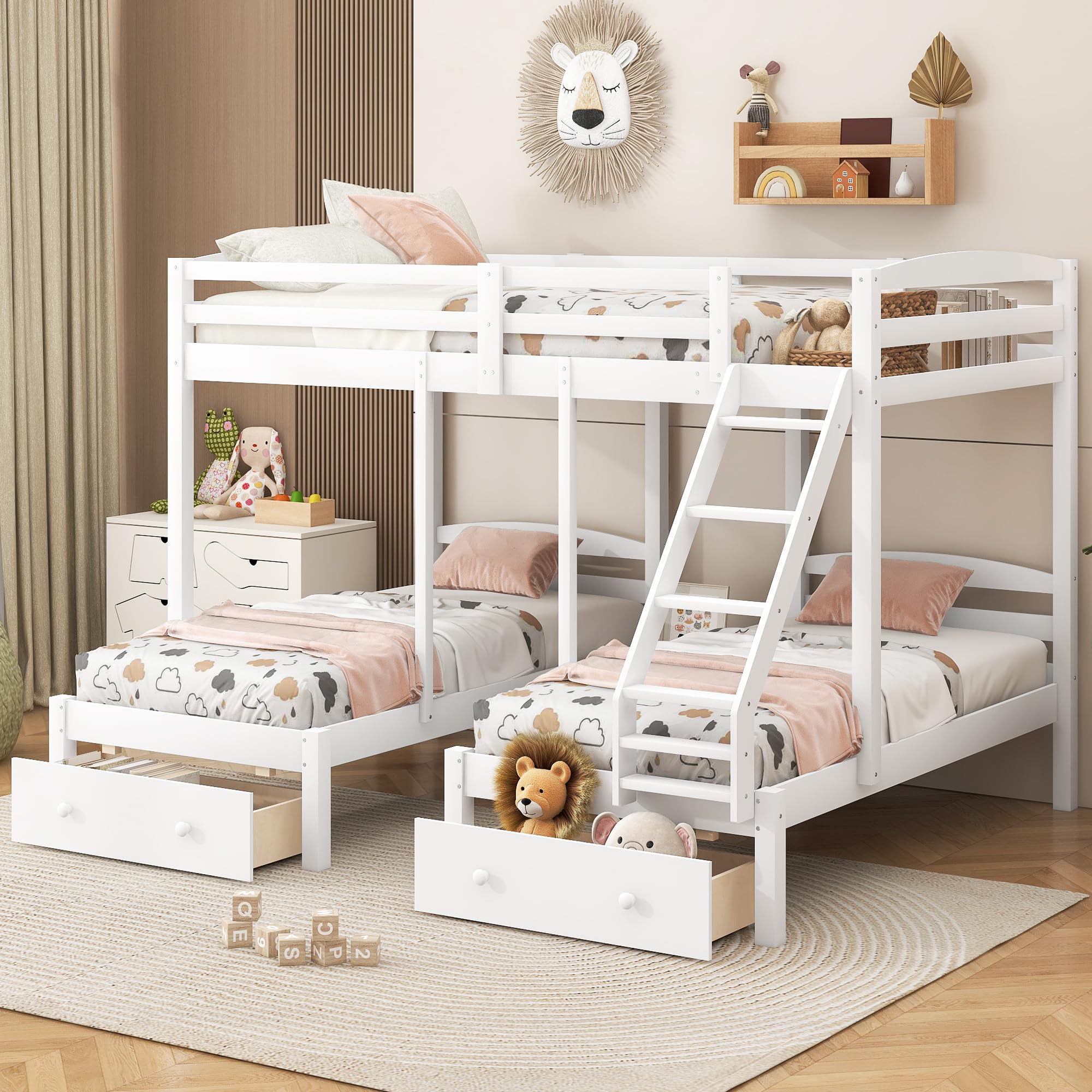 VilroCaz Wood Bed Bunk Bed with 2 Storage Drawers for 3, Full Over Twin &amp; Twin Bunk Bed Frame with Built-in Middle Drawer, Guardrail and Ladder for Kids Teens Adults, Maximized Space Design