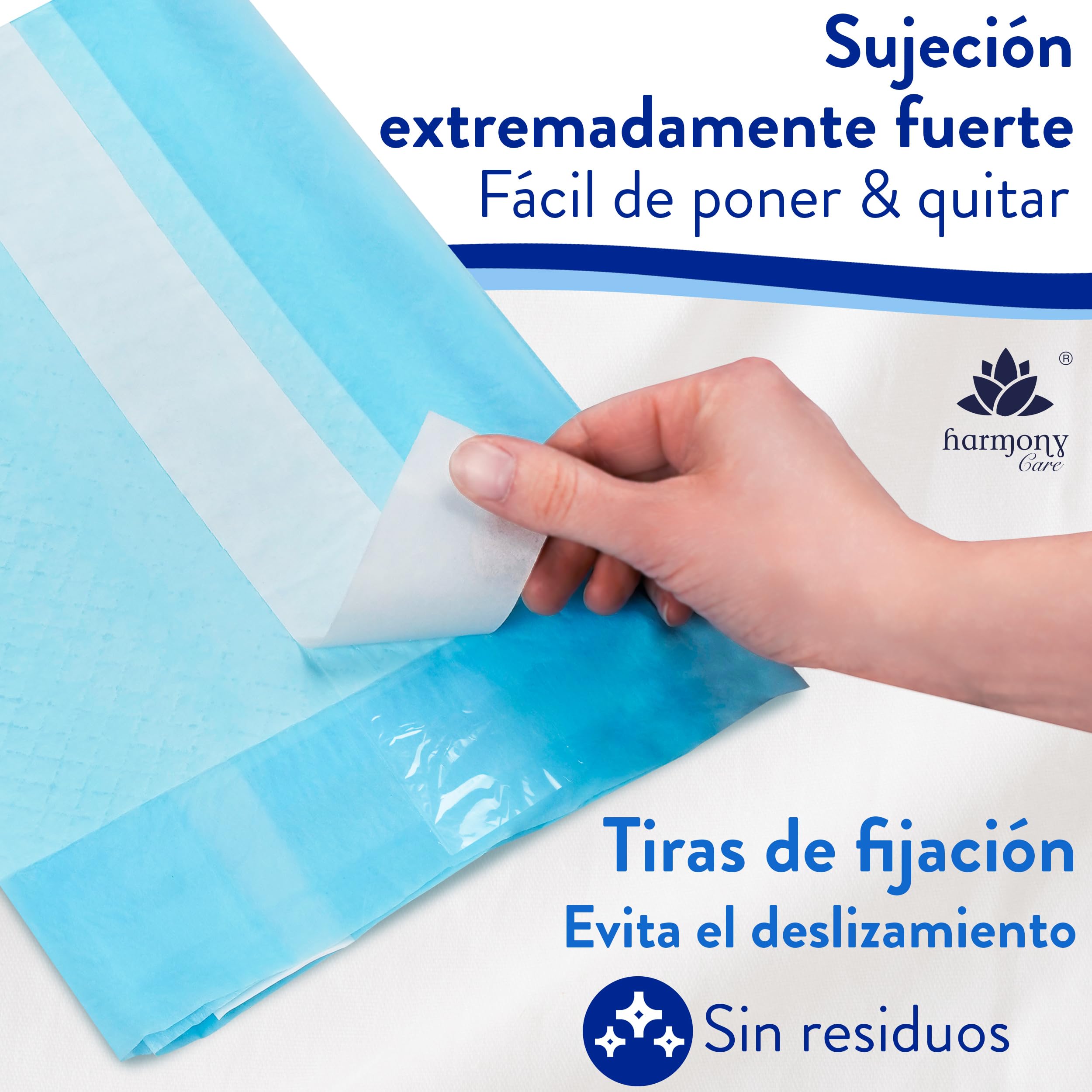 Harmony Care® 50 x Protectores de Cama con Tiras de fijación – 60 x 60 cm absorbentes – Almohadillas Antideslizantes Desechables para incontinencia