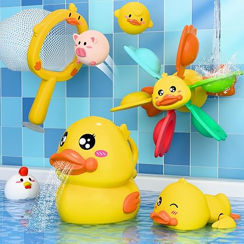 iPlay, iLearn Juguete de baño de pato para bebé, equipo giratorio de agua con succión para bañera para niños, juego de pesca con red, animal
