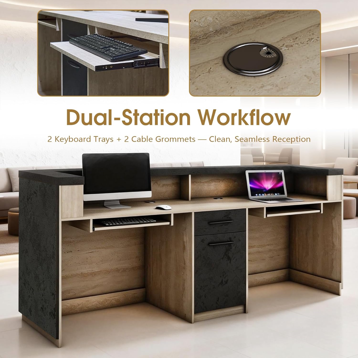 Reception Desk with Counter for 2 Person, Privacy Counter Design Modern Front Desk with Dual Keyboard Trays & Cable Grommets, LED Light Strip, Drawer & Cabinet, for Office Lobby (Left, 86.6 IN)