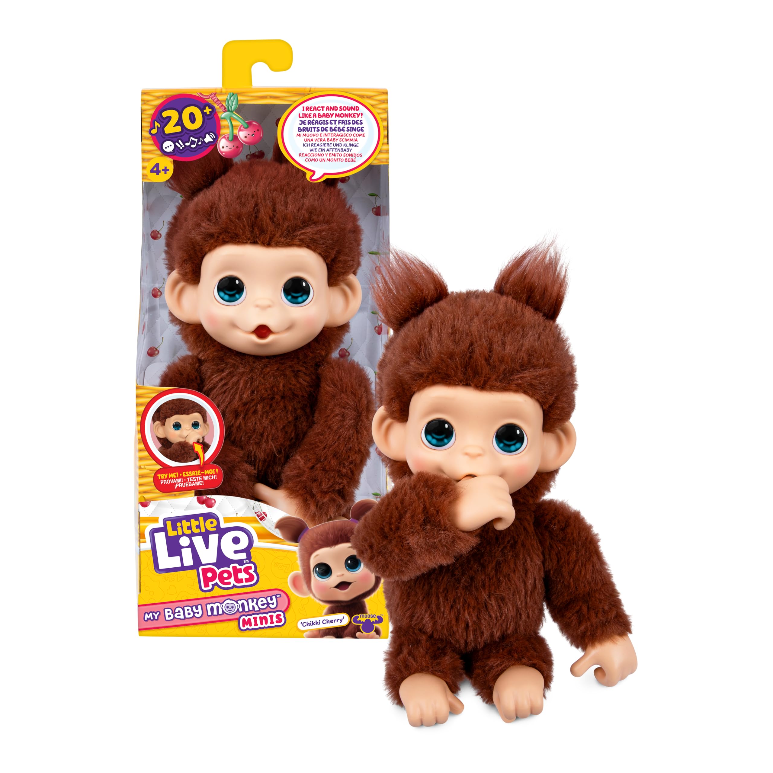 Little Live Pets Baby Monkey Minis – Chikki Cherry. Interactive Pet Toy. 20+ Sounds & Reactions. Soft Brown Fur. 7.4" Tall. Super Realistic. Feed, Nurture, React. Grippy Hands & Feet. Collect All 3