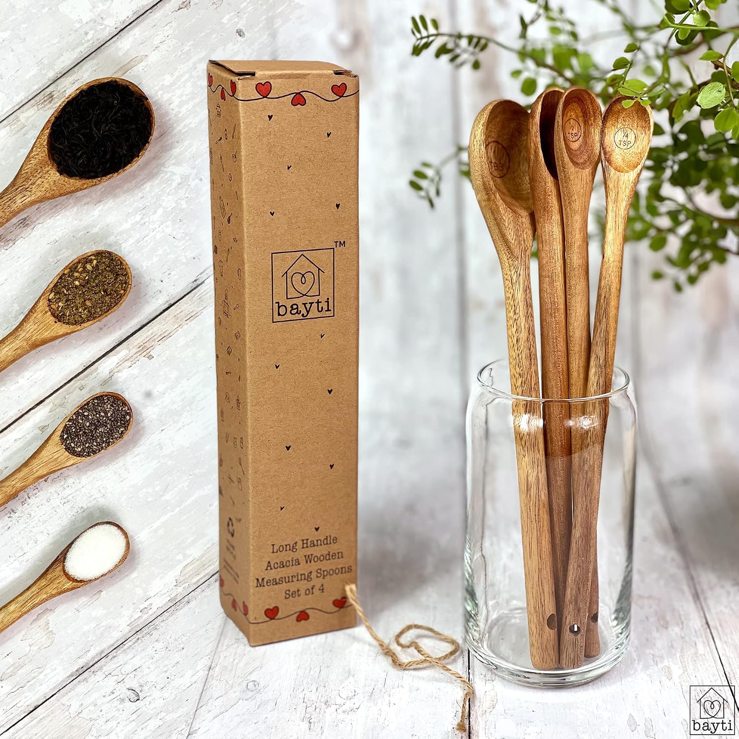 Juego de 4 cucharas medidoras de madera de acacia de mango largo, 100% natural de grado alimenticio